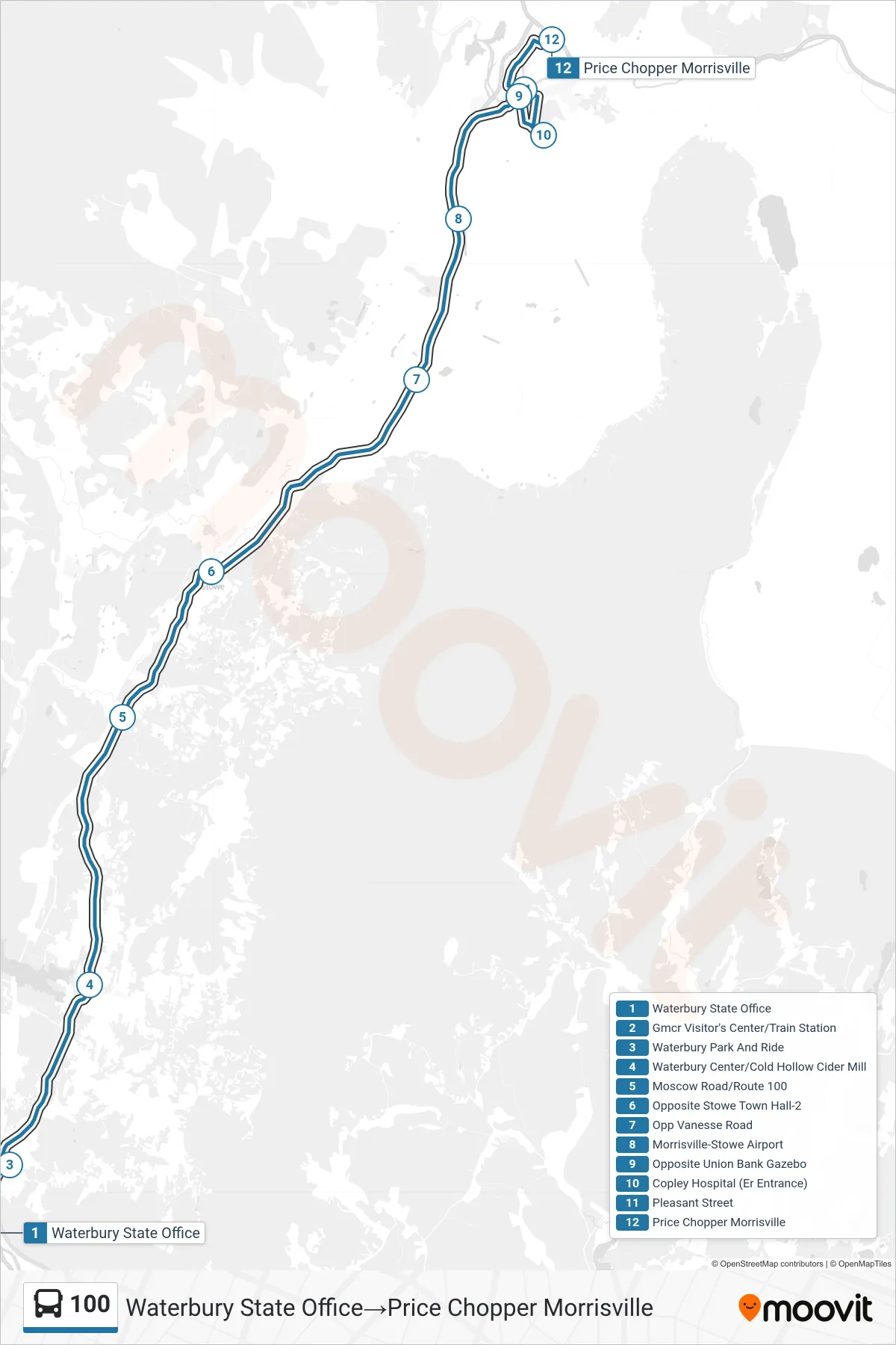 100 bus Line (Waterbury State Office→Price Chopper Morrisville) route and stops on a map