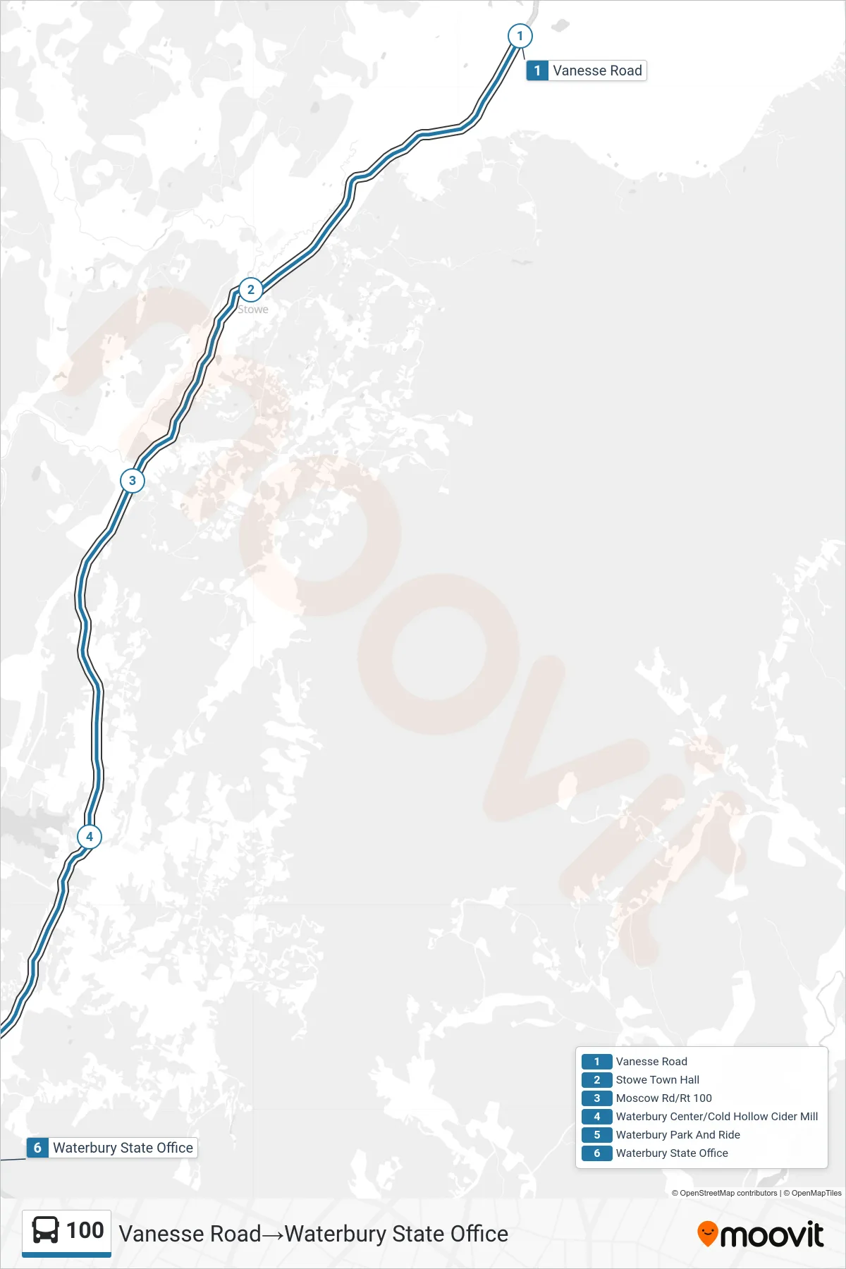 100 bus Line (Vanesse Road→Waterbury State Office) route and stops on a map