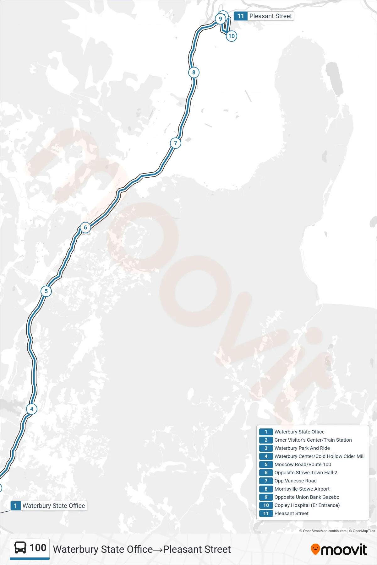 100 bus Line (Waterbury State Office‎→Pleasant Street) route and stops on a map