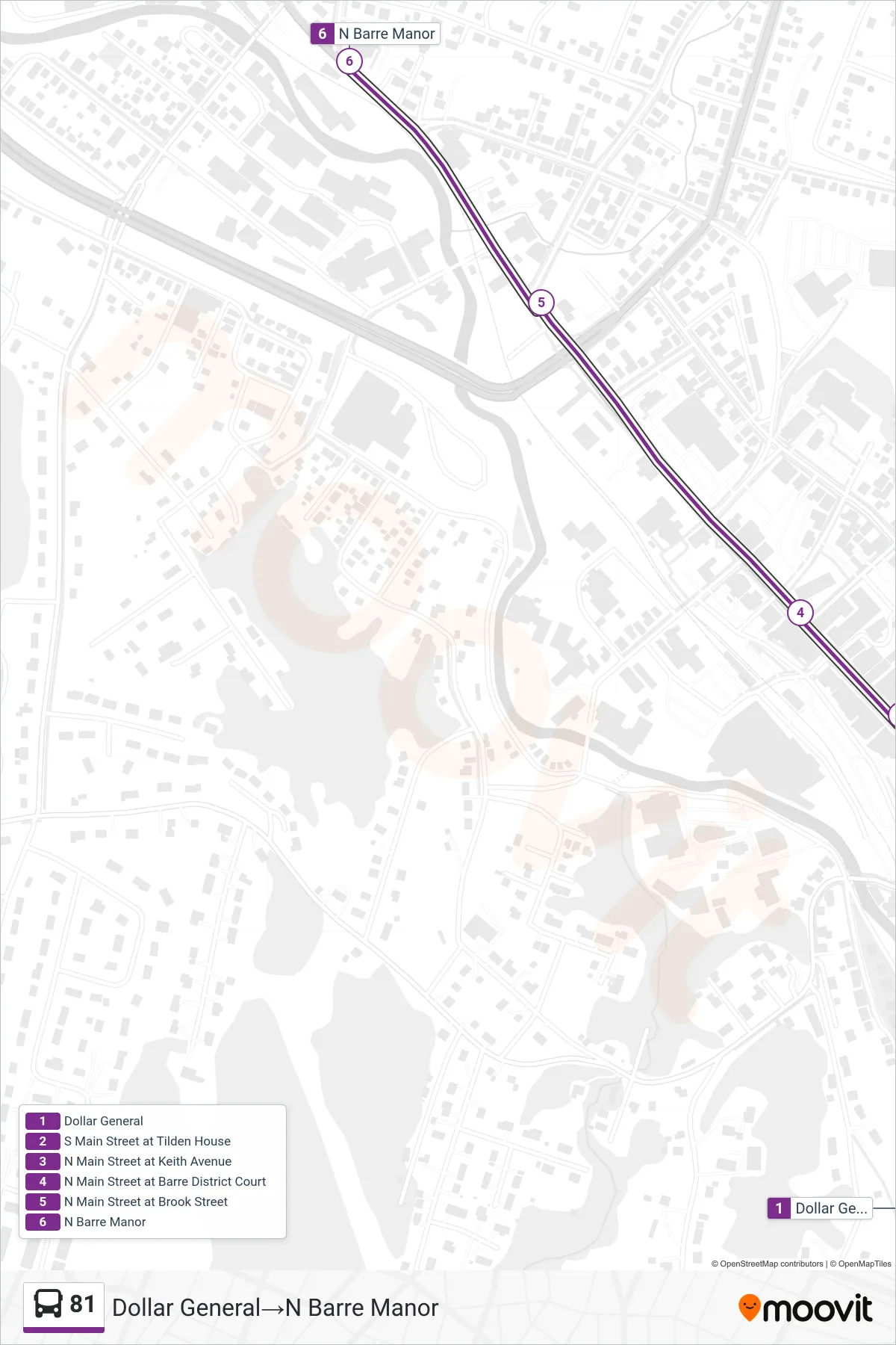 81 bus Line (Dollar General→N Barre Manor) route and stops on a map