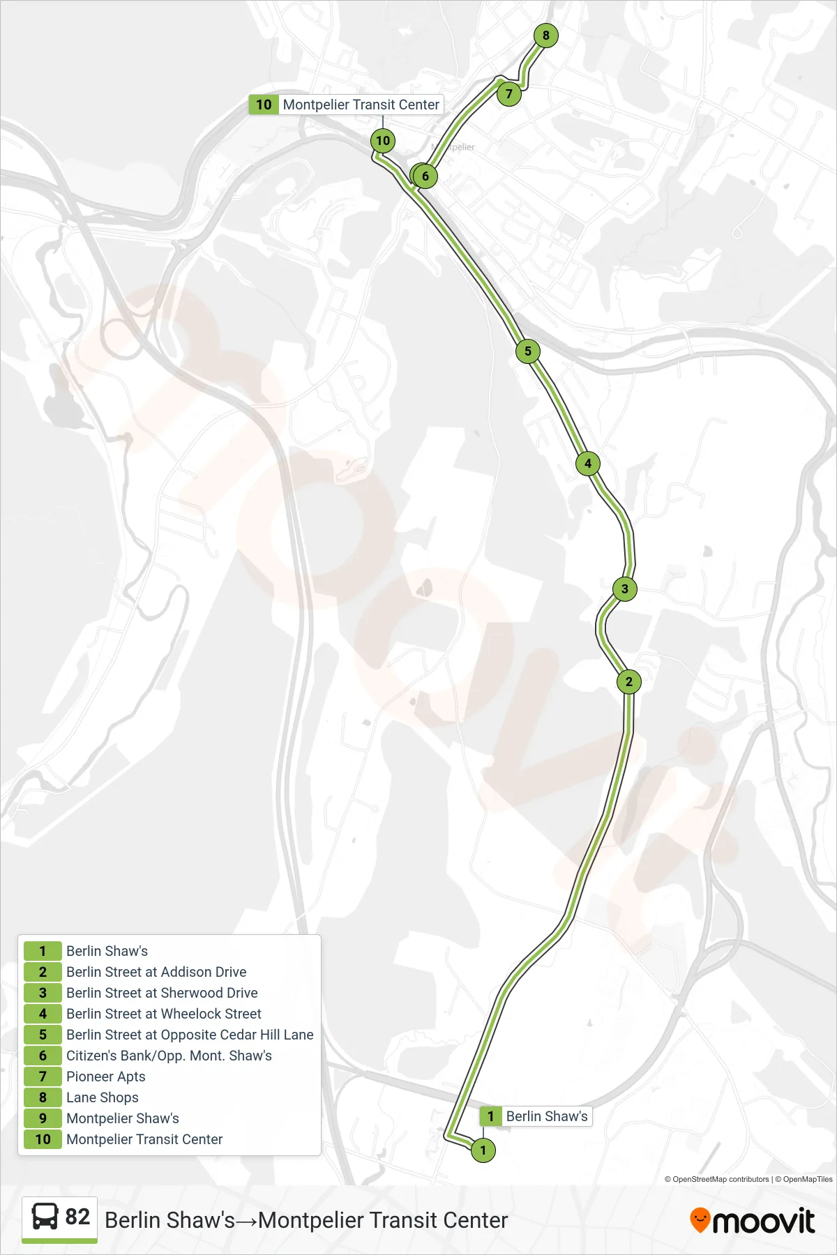 82 bus Line (Berlin Shaw's→Montpelier Transit Center) route and stops on a map