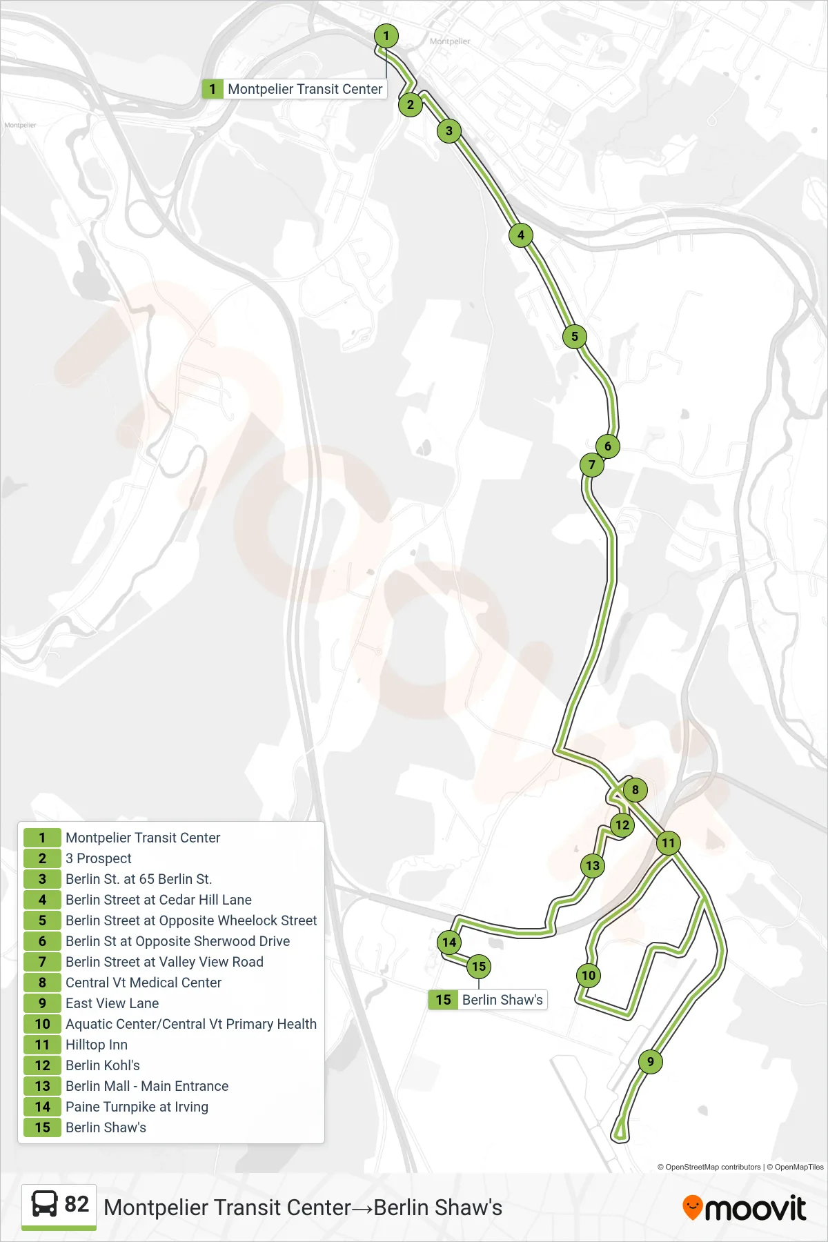 82 bus Line (Montpelier Transit Center→Berlin Shaw's) route and stops on a map
