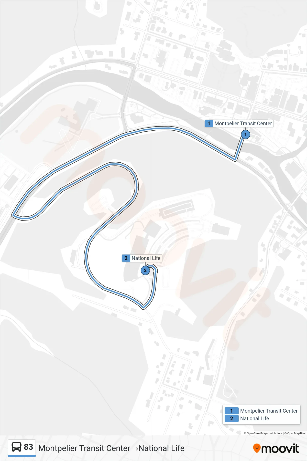 83 bus Line (Montpelier Transit Center‎→National Life) route and stops on a map