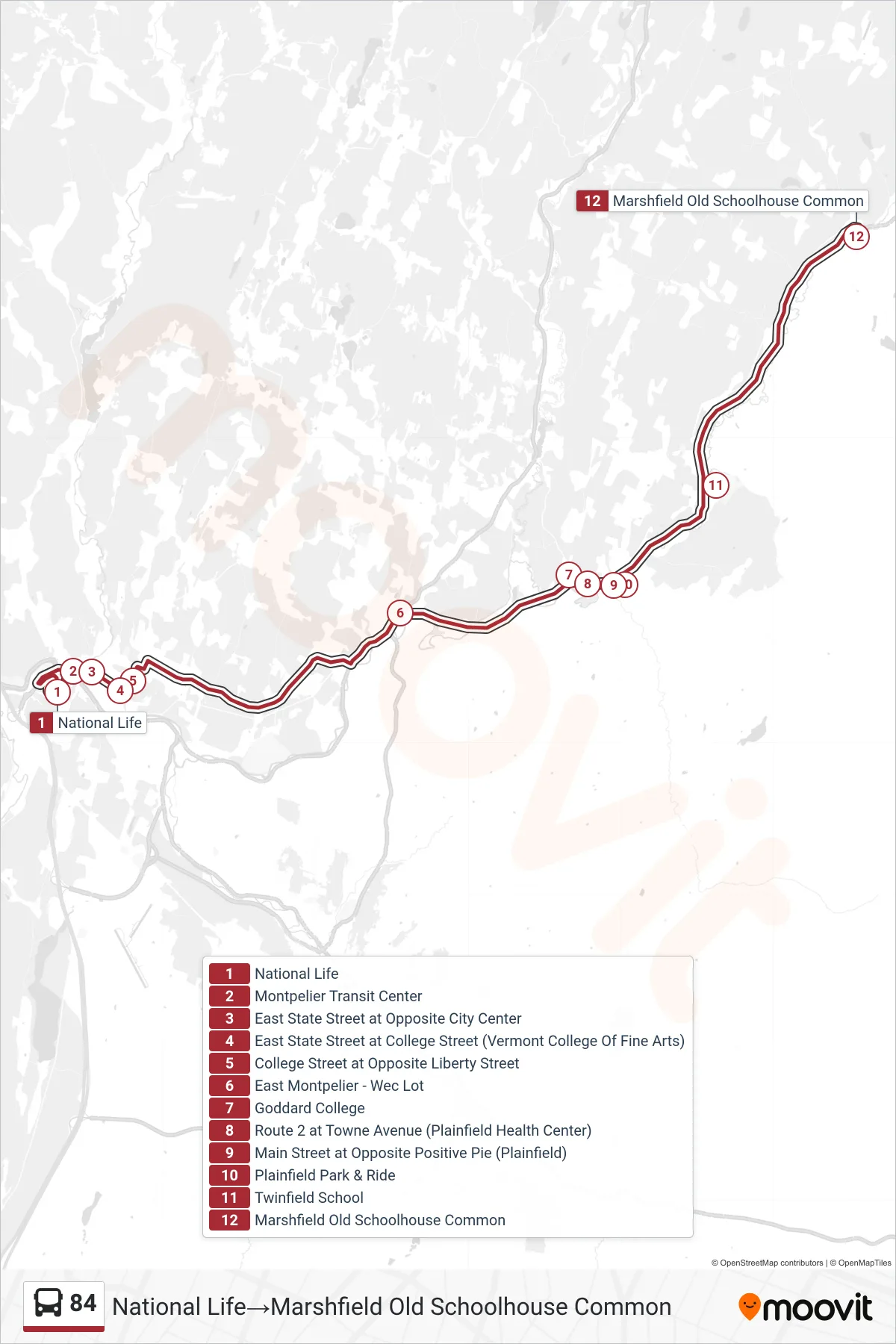 84 bus Line (National Life→Marshfield Old Schoolhouse Common) route and stops on a map