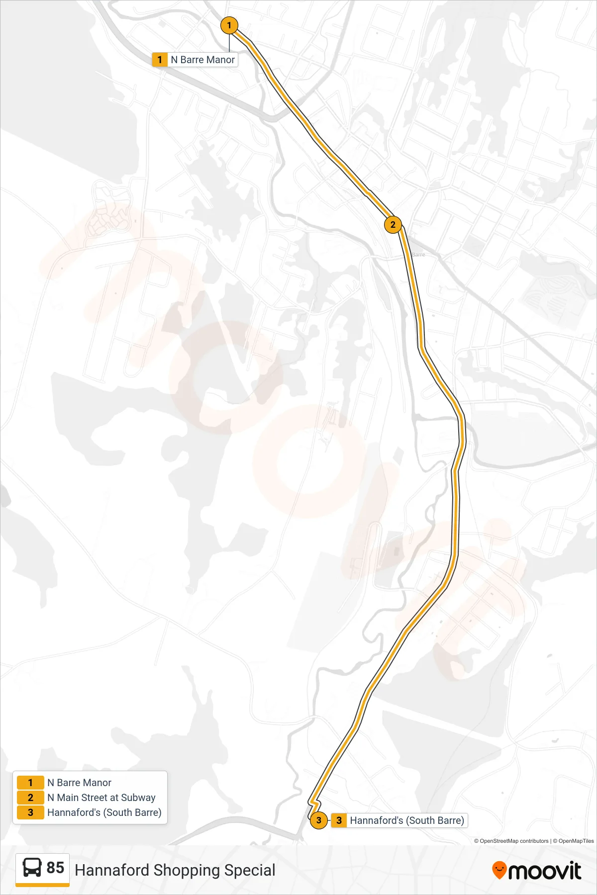85 bus Line (N Barre Manor→Hannaford's (South Barre)) route and stops on a map