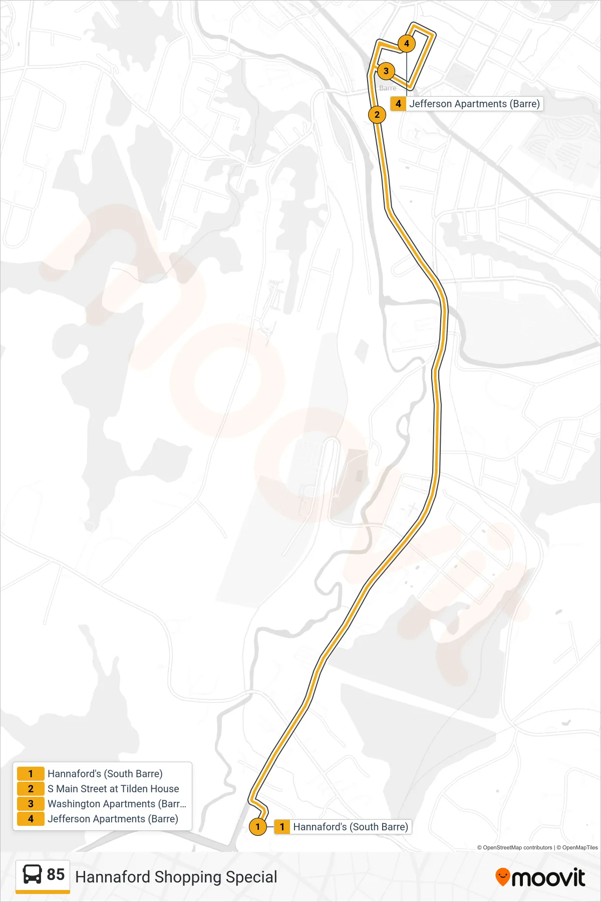 85 bus Line (Hannaford's (South Barre)→Jefferson Apartments (Barre)) route and stops on a map
