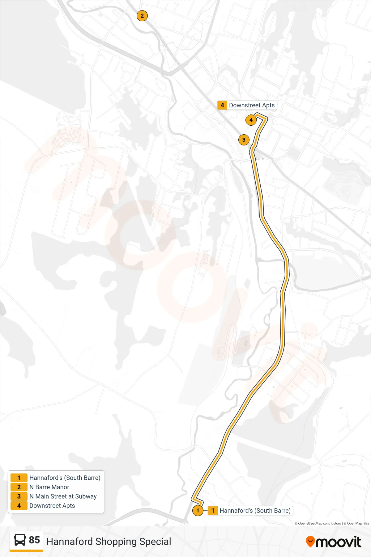 85 bus Line (Hannaford's (South Barre)‎→Downstreet Apts) route and stops on a map