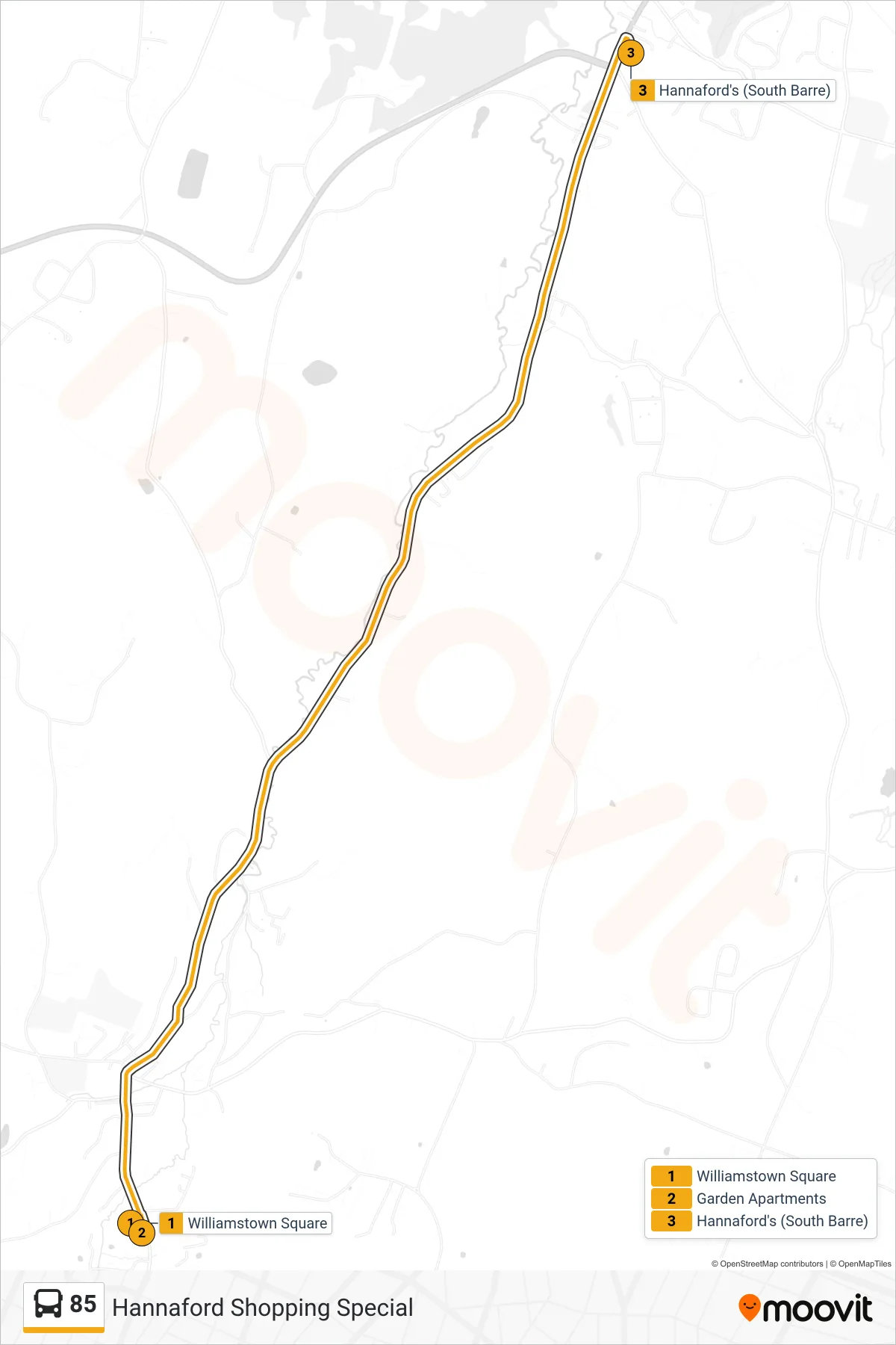 85 bus Line (Williamstown Square‎→Hannaford's (South Barre)) route and stops on a map