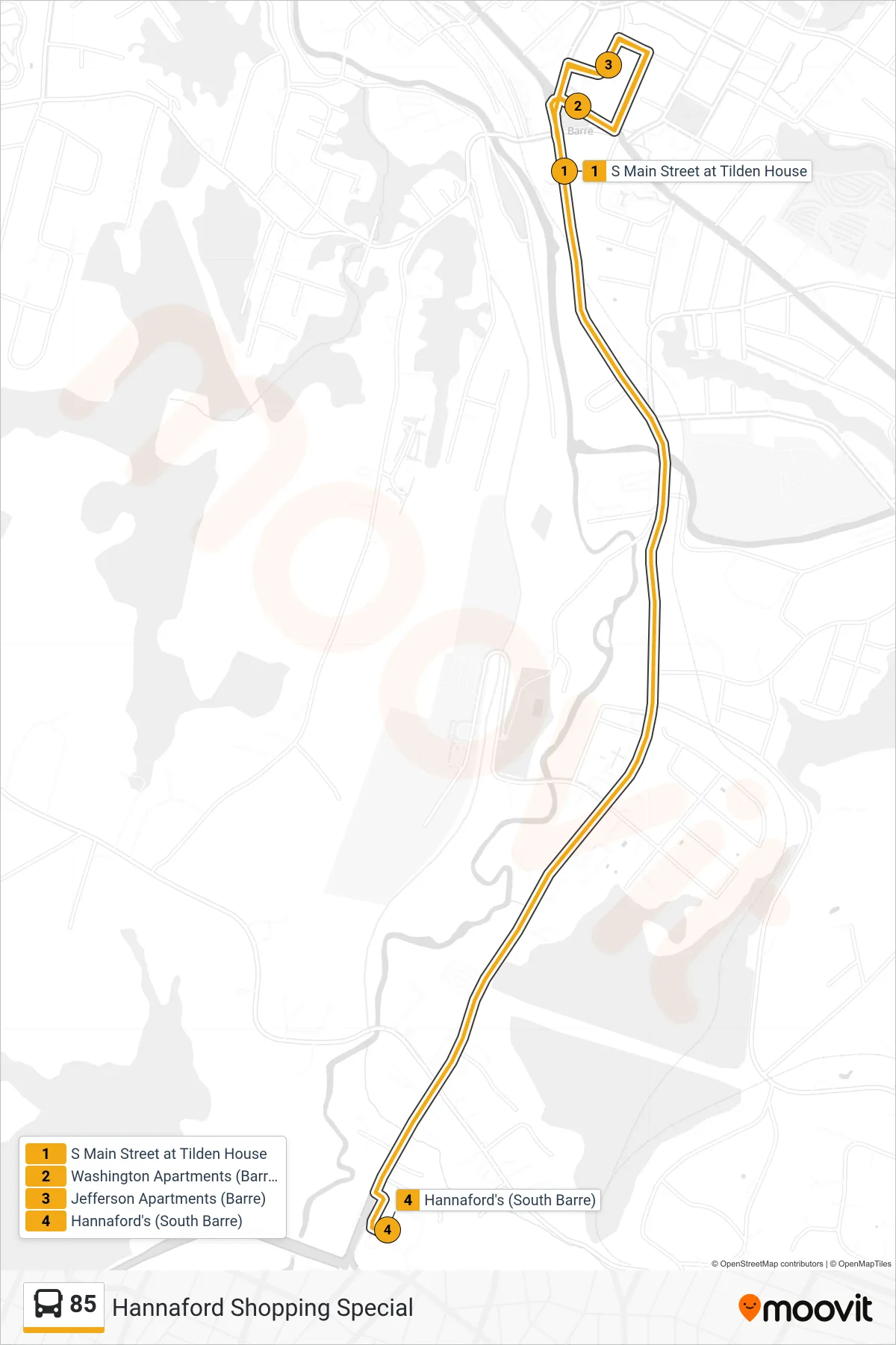 85 bus Line (S Main Street at Tilden House‎→Hannaford's (South Barre)) route and stops on a map