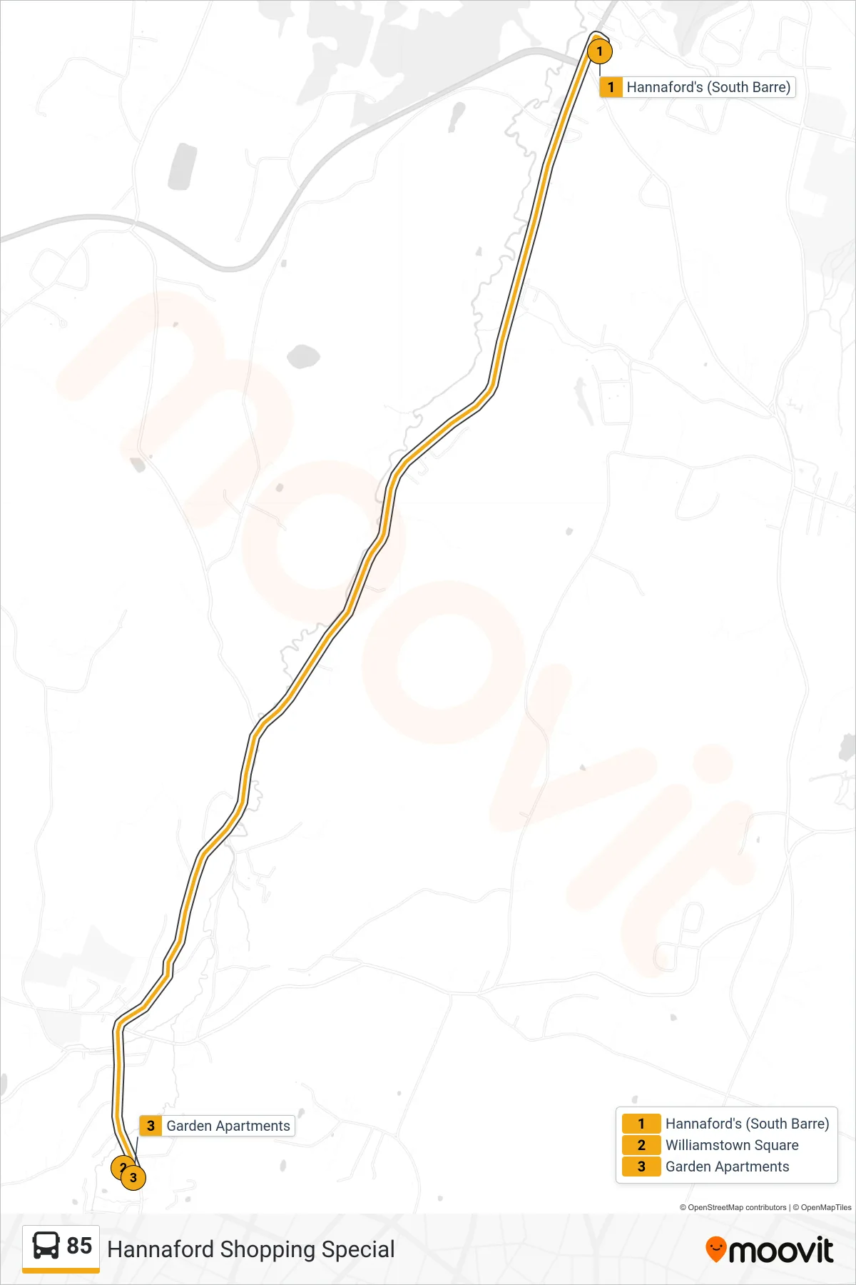 85 bus Line (Hannaford's (South Barre)→Garden Apartments) route and stops on a map