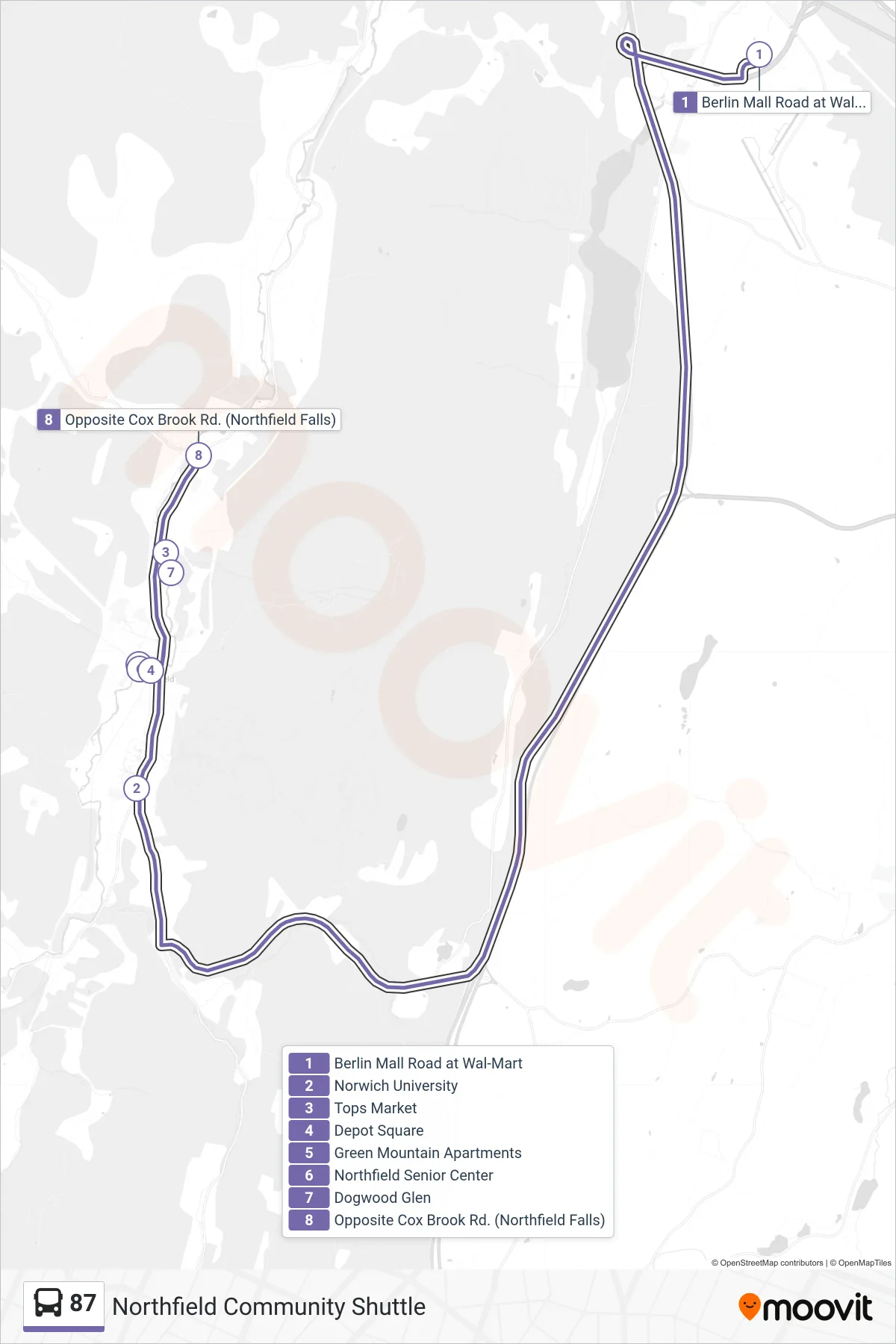 87 bus Line (Berlin Mall Road at Wal-Mart‎→Opposite Cox Brook Rd. (Northfield Falls)) route and stops on a map