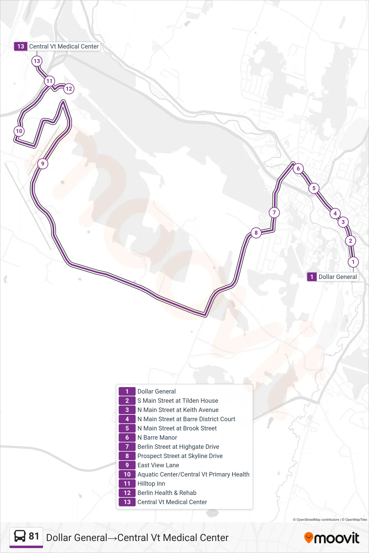 81 bus Line (Dollar General→Central Vt Medical Center) route and stops on a map