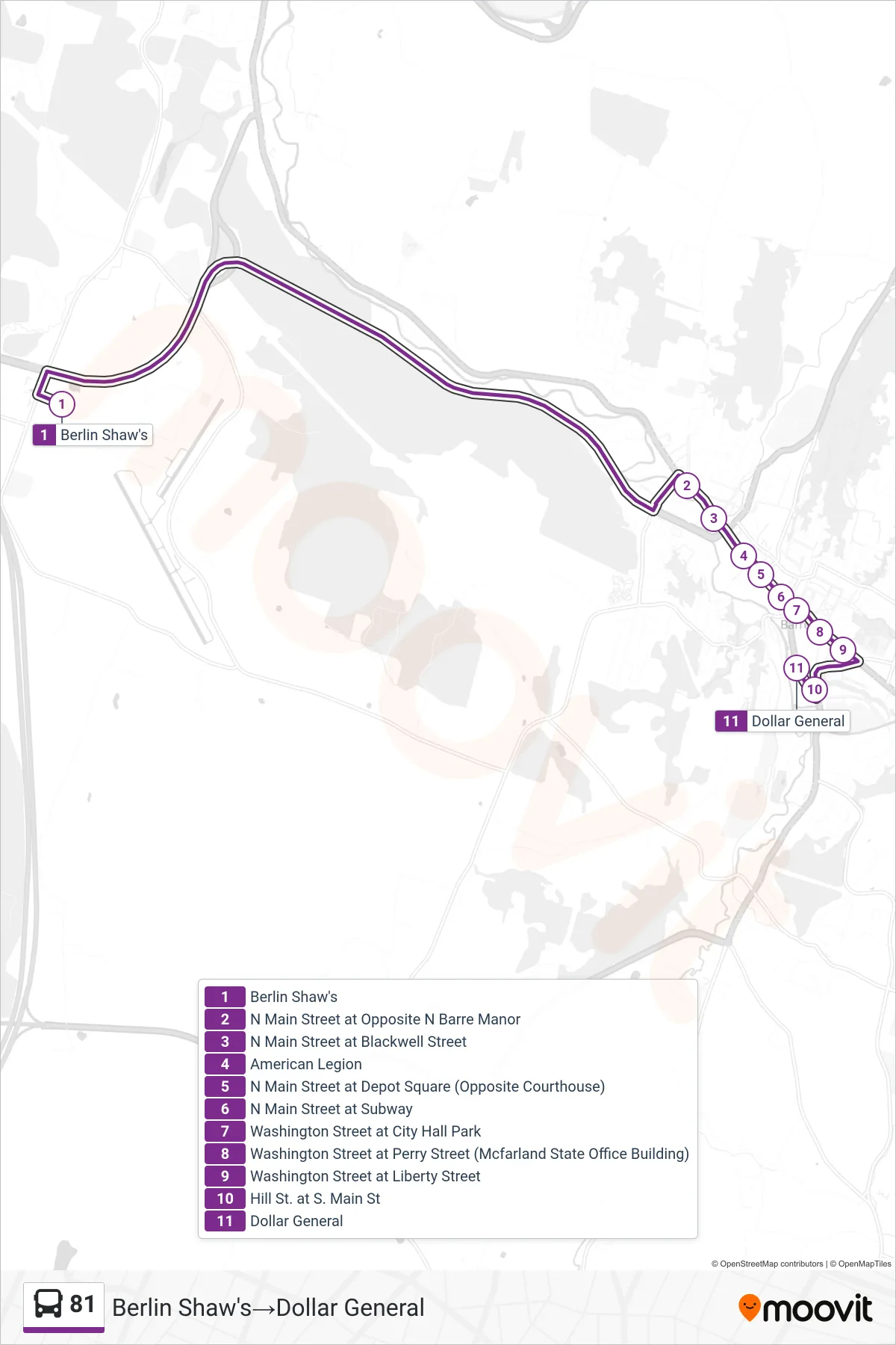 81 bus Line (Berlin Shaw's→Dollar General) route and stops on a map