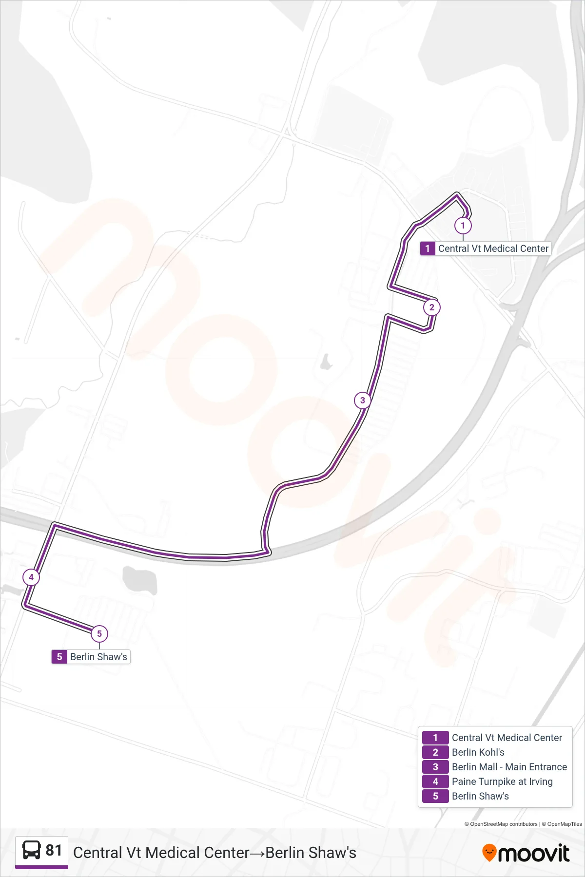 81 bus Line (Central Vt Medical Center‎→Berlin Shaw's) route and stops on a map