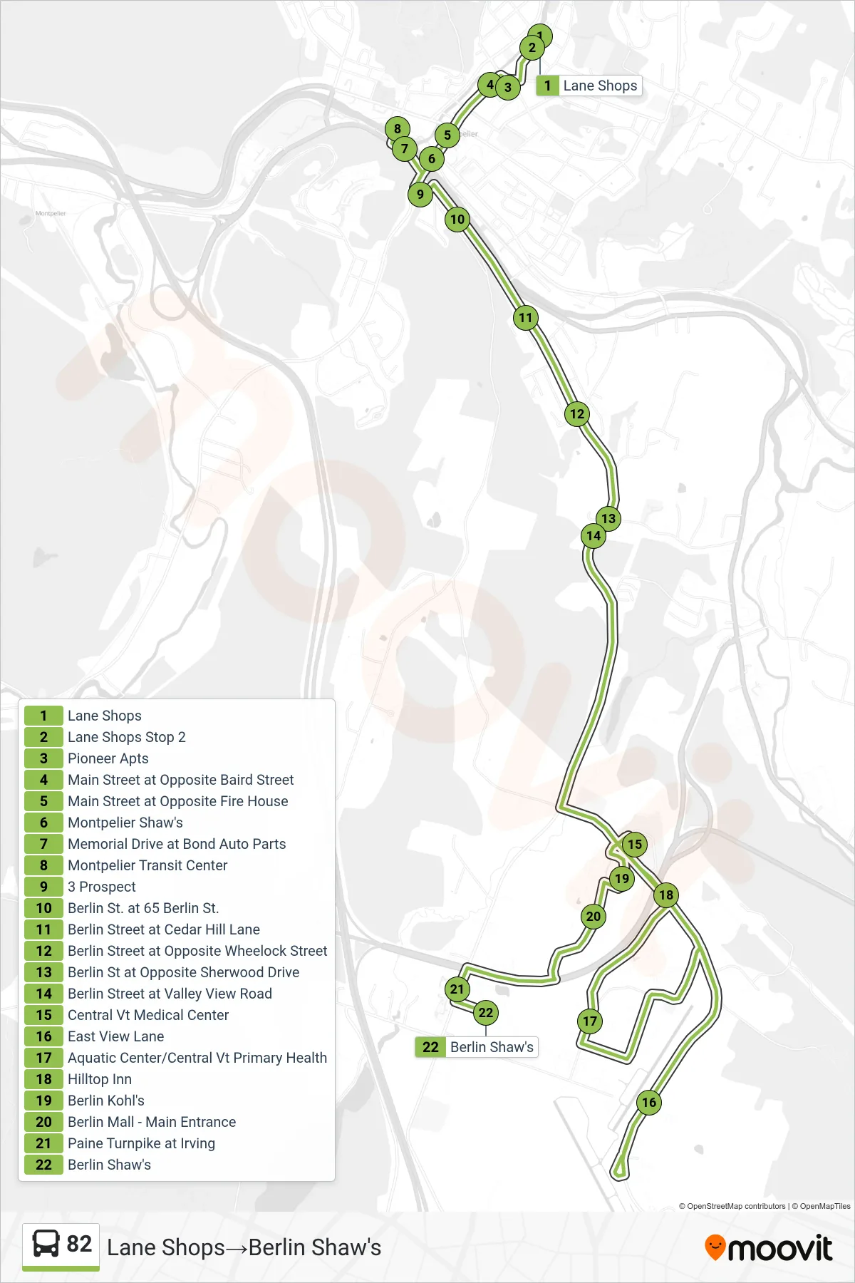 82 bus Line (Lane Shops→Berlin Shaw's) route and stops on a map