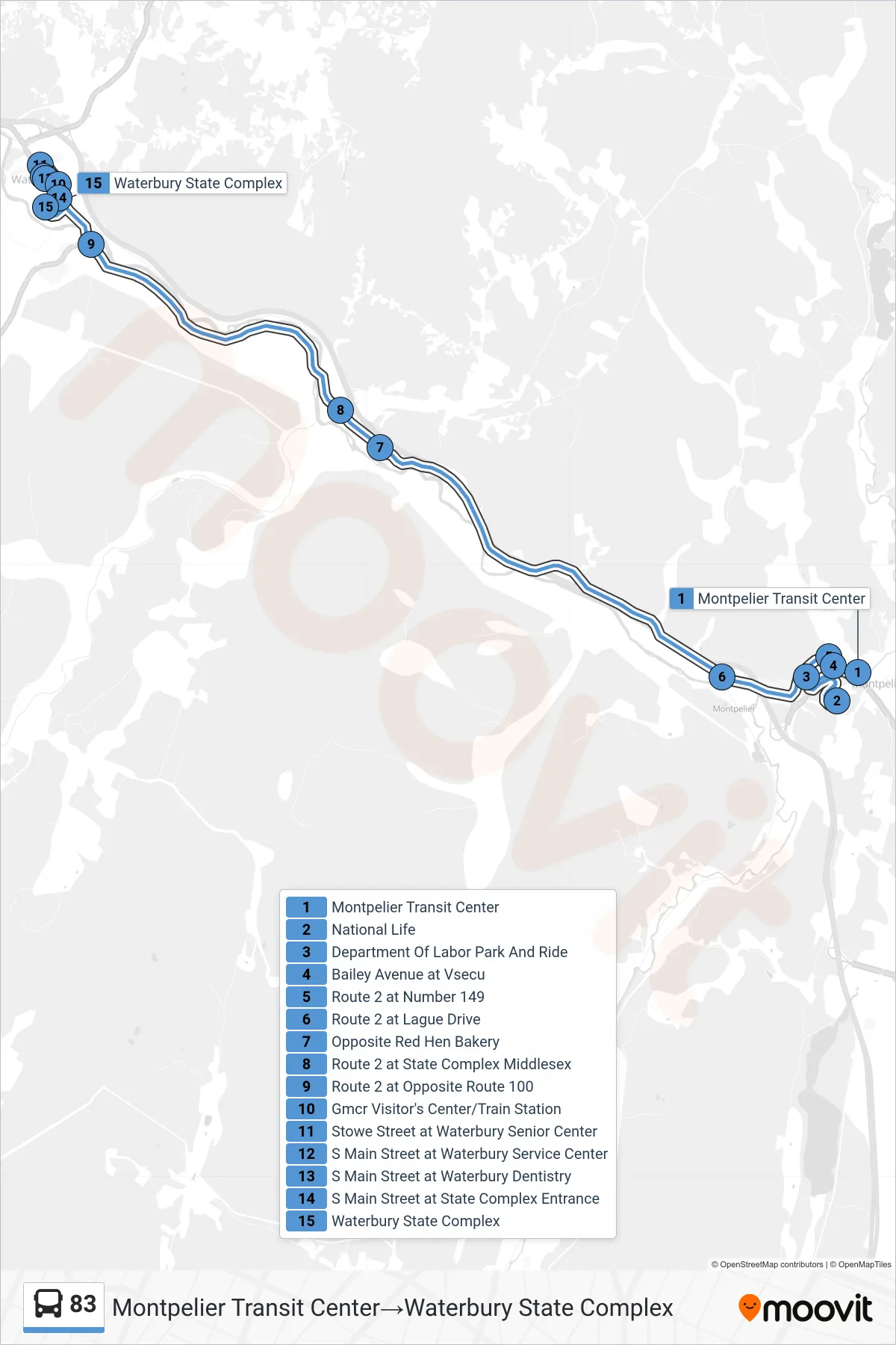 83 bus Line (Montpelier Transit Center‎→Waterbury State Complex) route and stops on a map