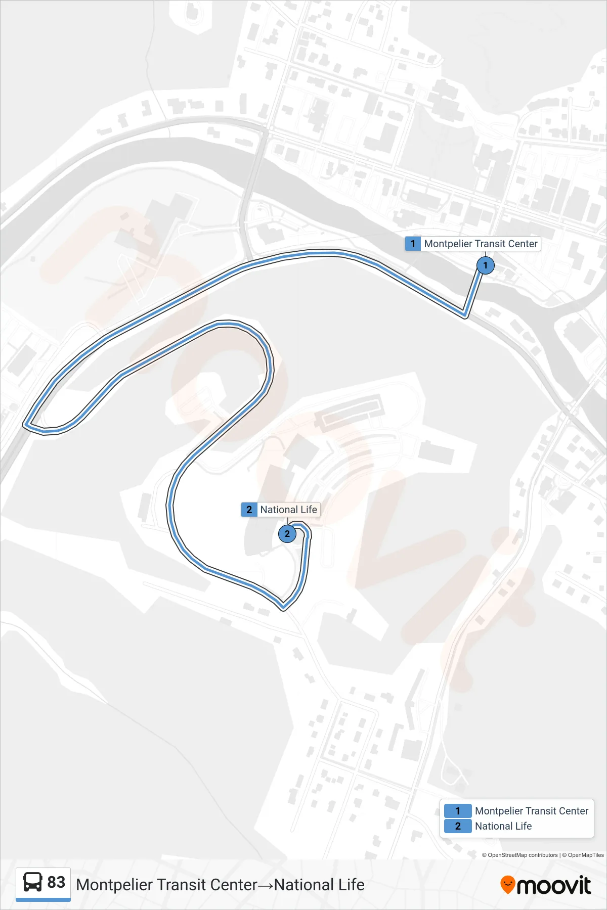 83 bus Line (Montpelier Transit Center‎→National Life) route and stops on a map