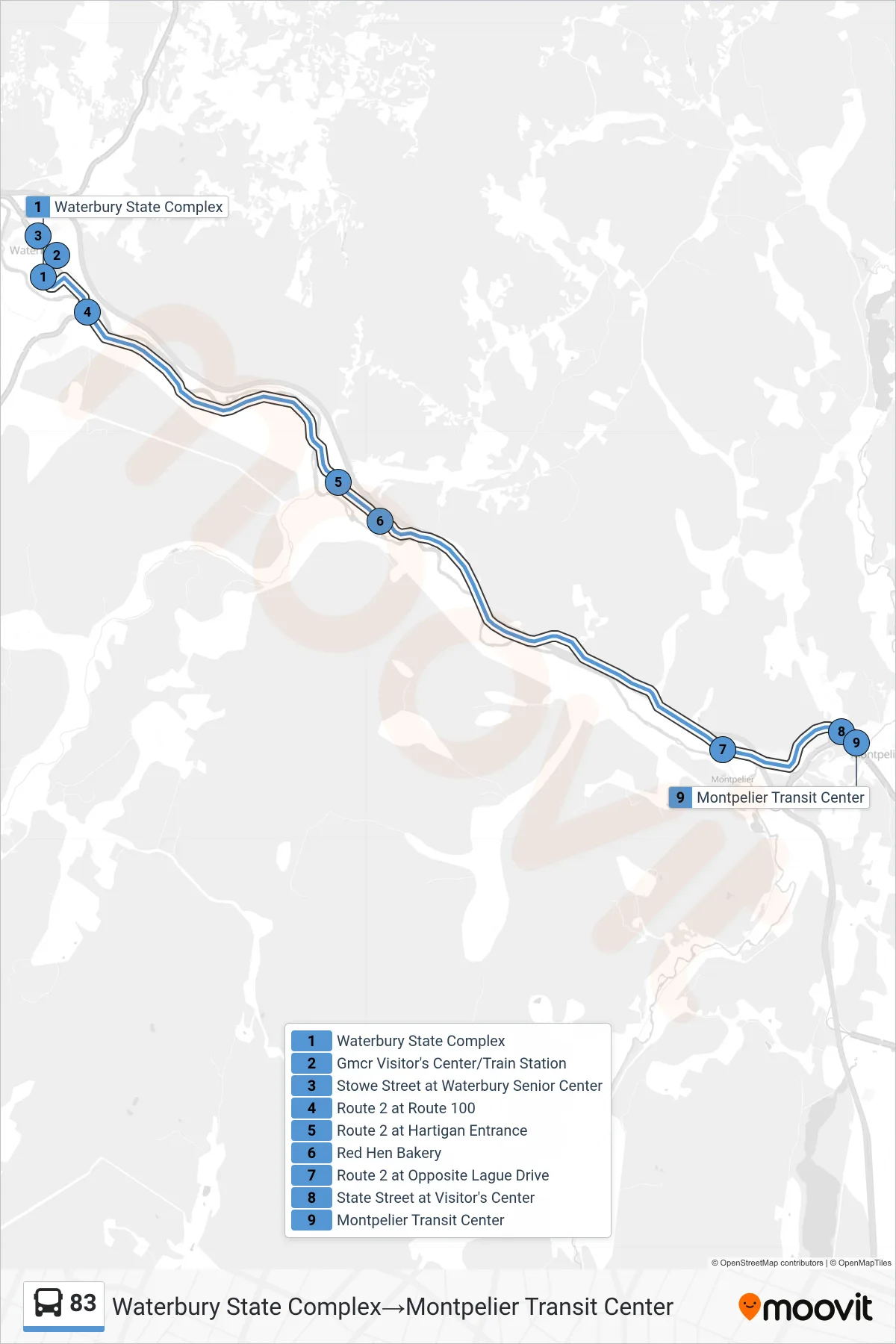 83 bus Line (Waterbury State Complex→Montpelier Transit Center) route and stops on a map
