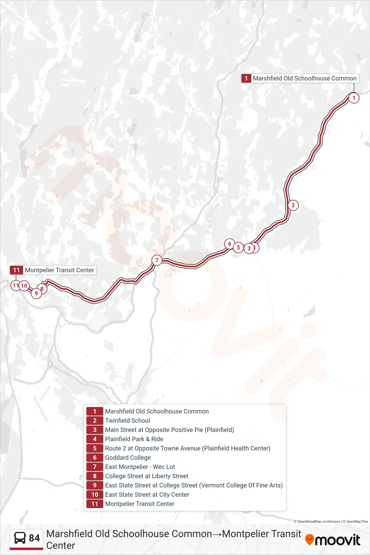 84 bus Line (Marshfield Old Schoolhouse Common‎→Montpelier Transit Center) route and stops on a map
