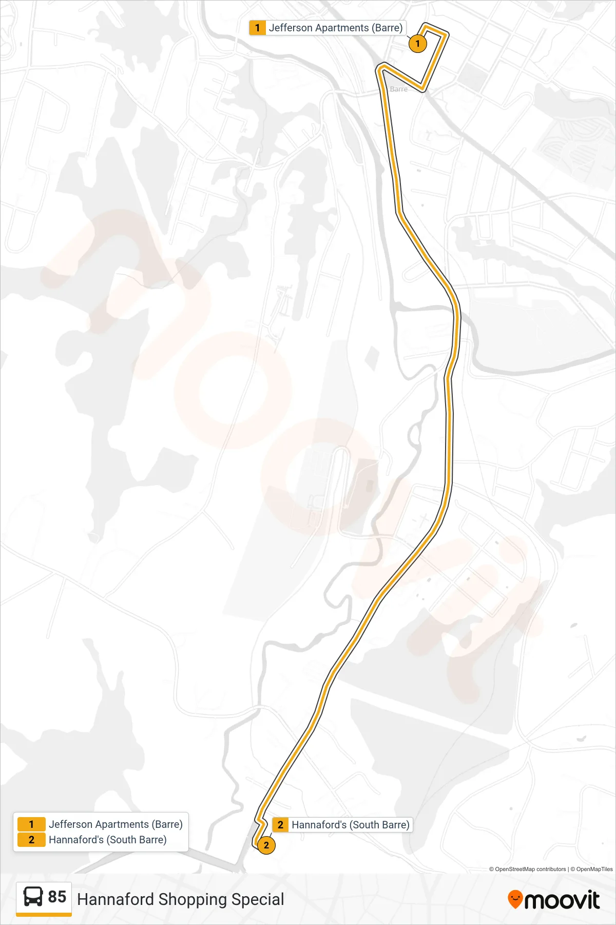 85 bus Line (Jefferson Apartments (Barre)→Hannaford's (South Barre)) route and stops on a map