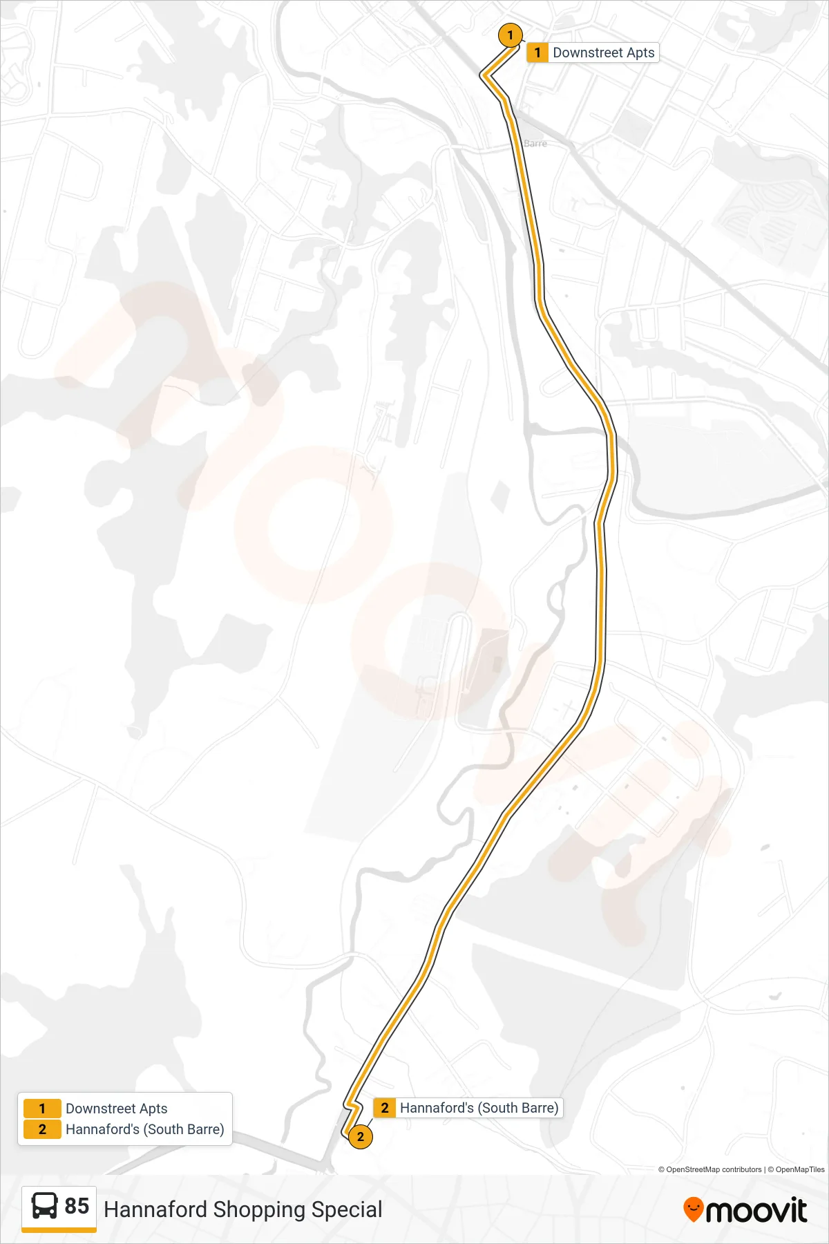 85 bus Line (Downstreet Apts→Hannaford's (South Barre)) route and stops on a map