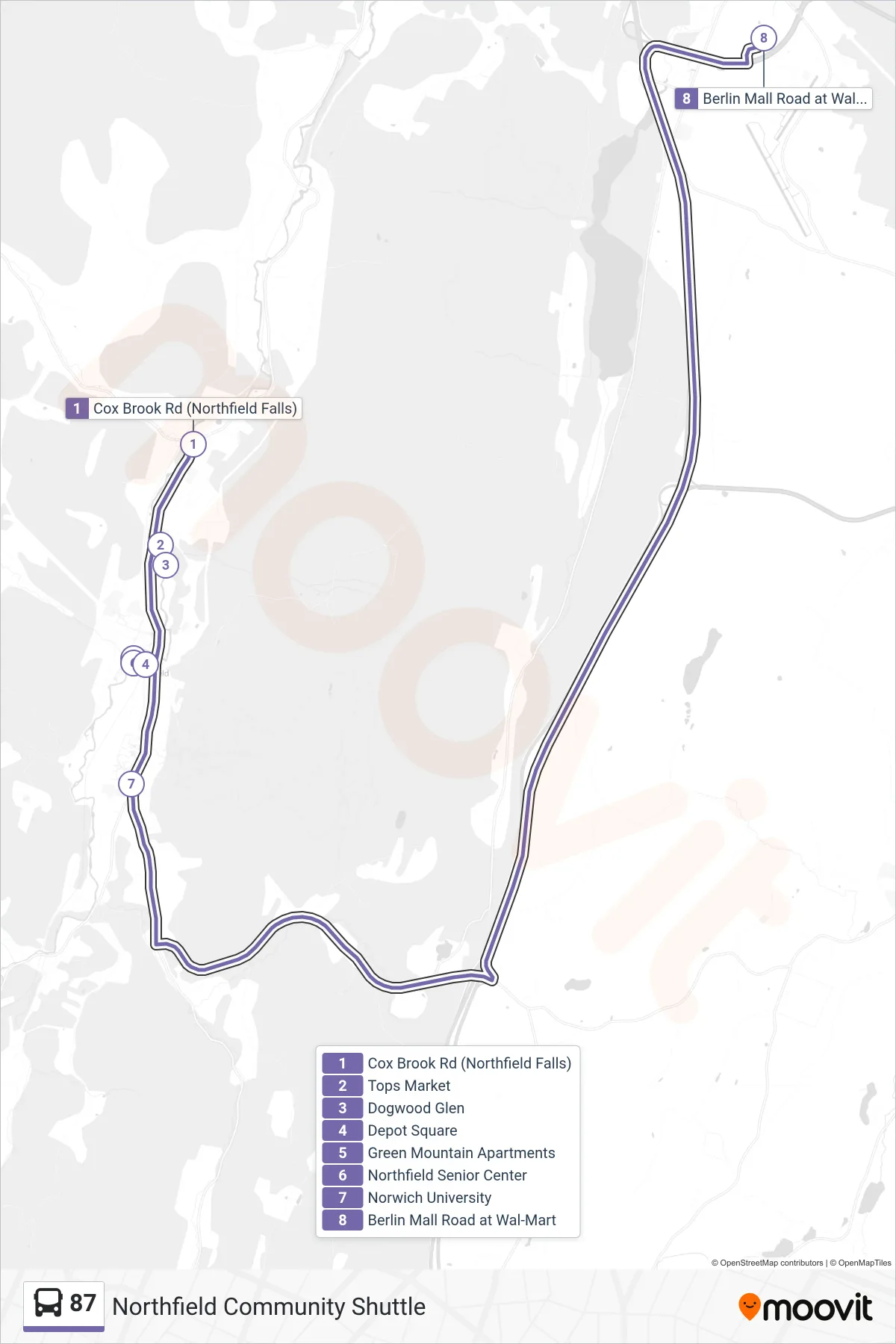 87 bus Line (Cox Brook Rd (Northfield Falls)→Berlin Mall Road at Wal-Mart) route and stops on a map