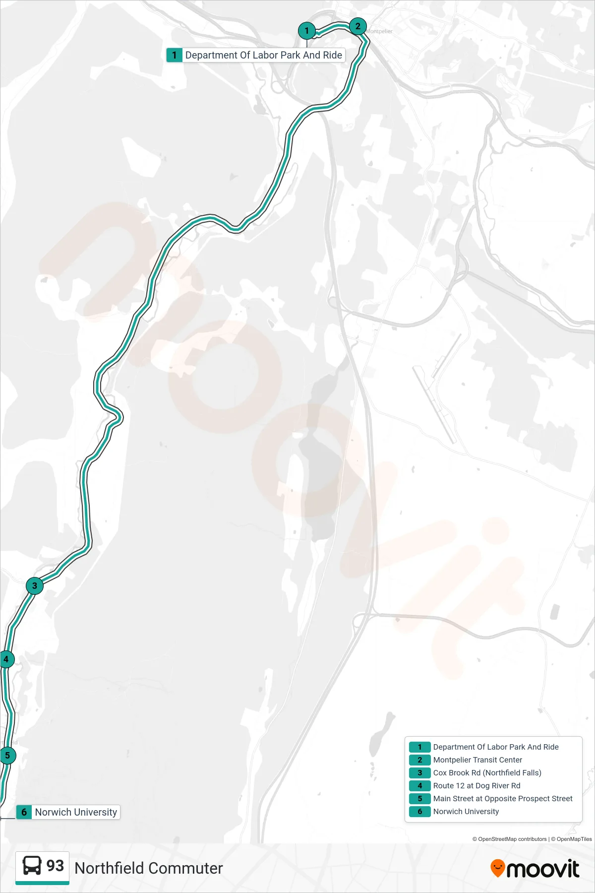93 bus Line (Department Of Labor Park And Ride‎→Norwich University) route and stops on a map
