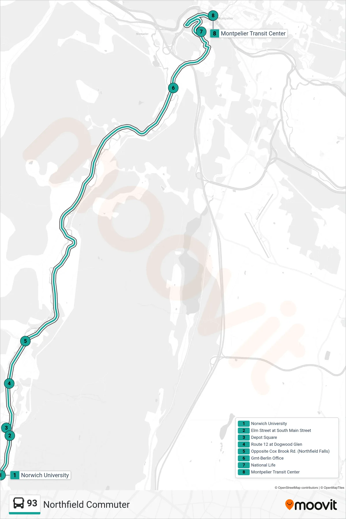 93 bus Line (Norwich University‎→Montpelier Transit Center) route and stops on a map
