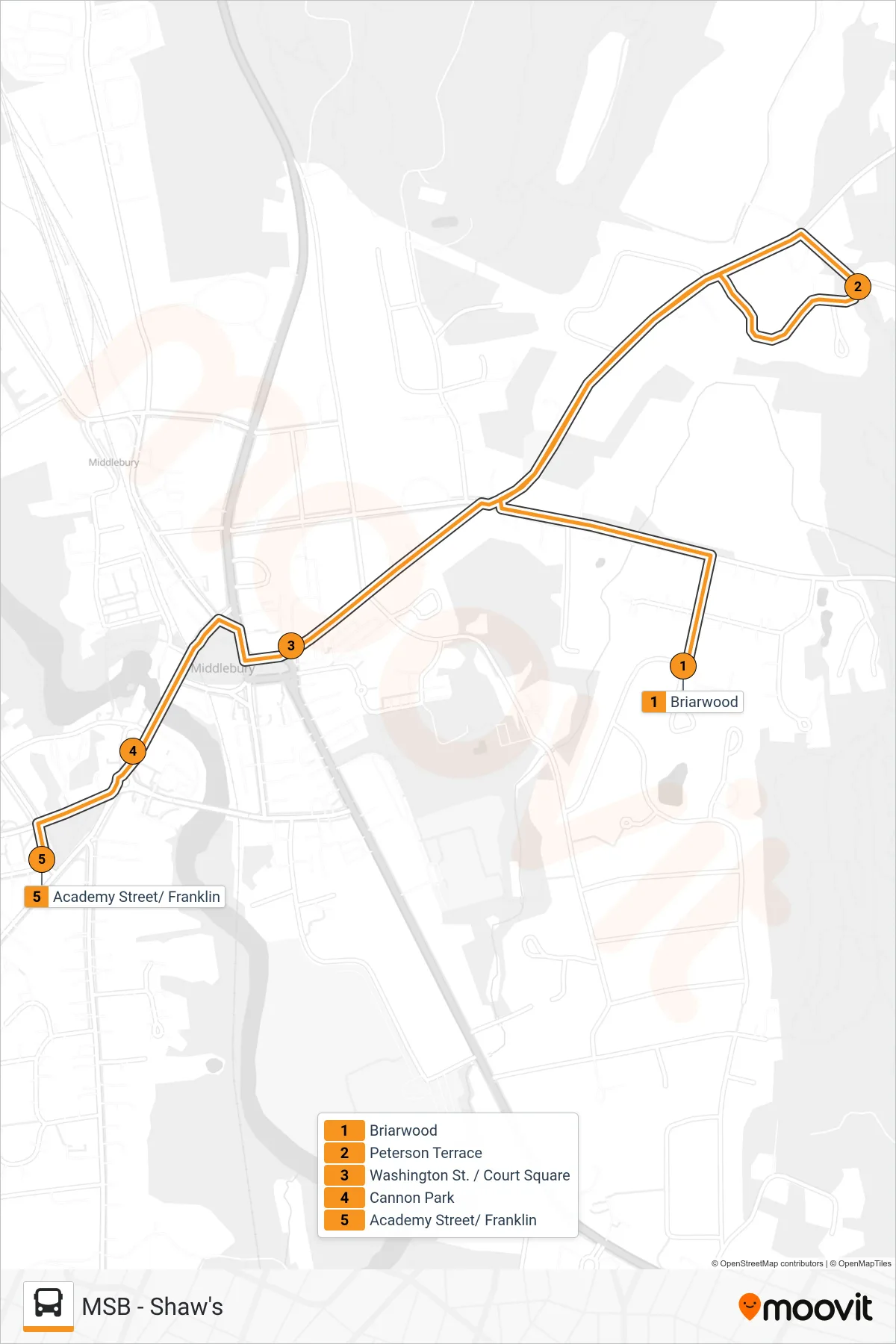 MSB - SHAW'S bus Line (Briarwood‎→Academy Street) route and stops on a map