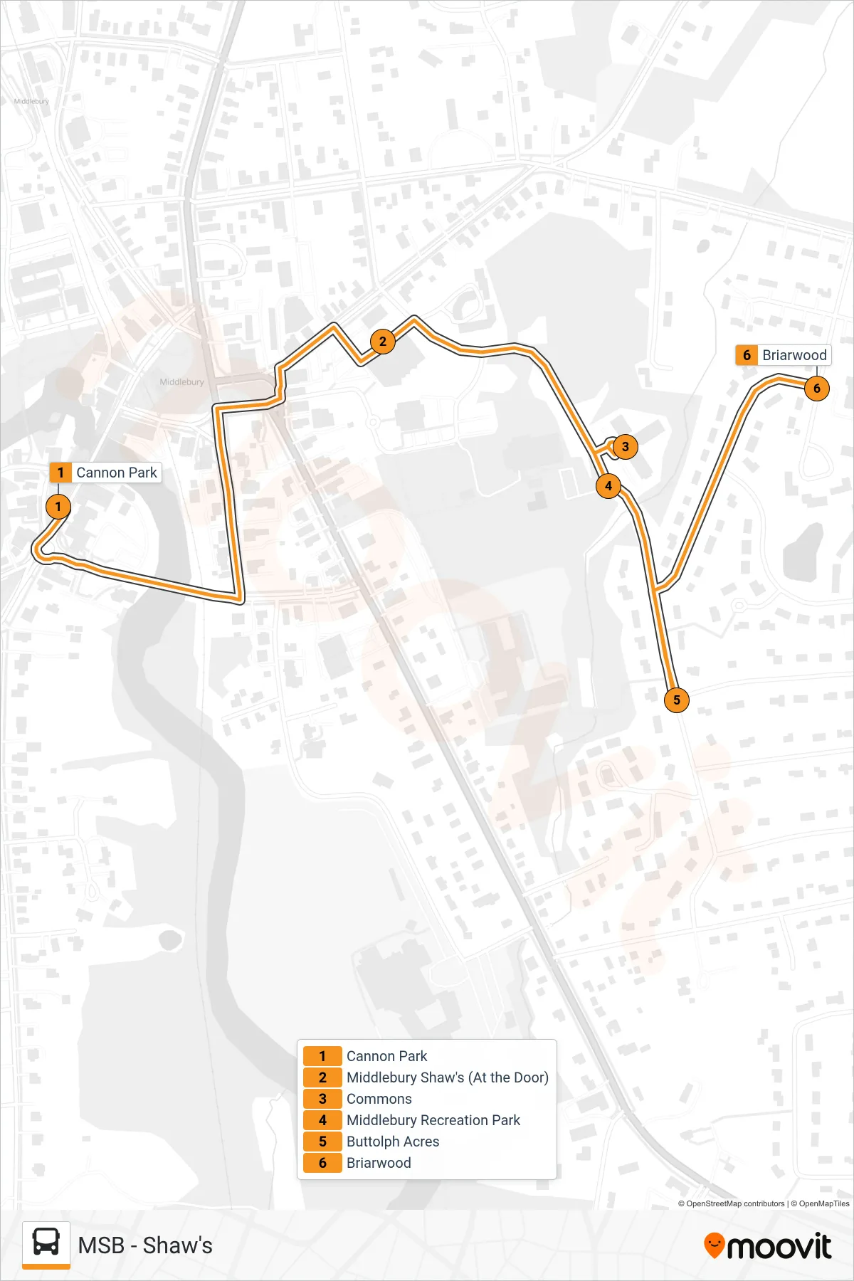 MSB - SHAW'S bus Line (Cannon Park‎→Briarwood) route and stops on a map