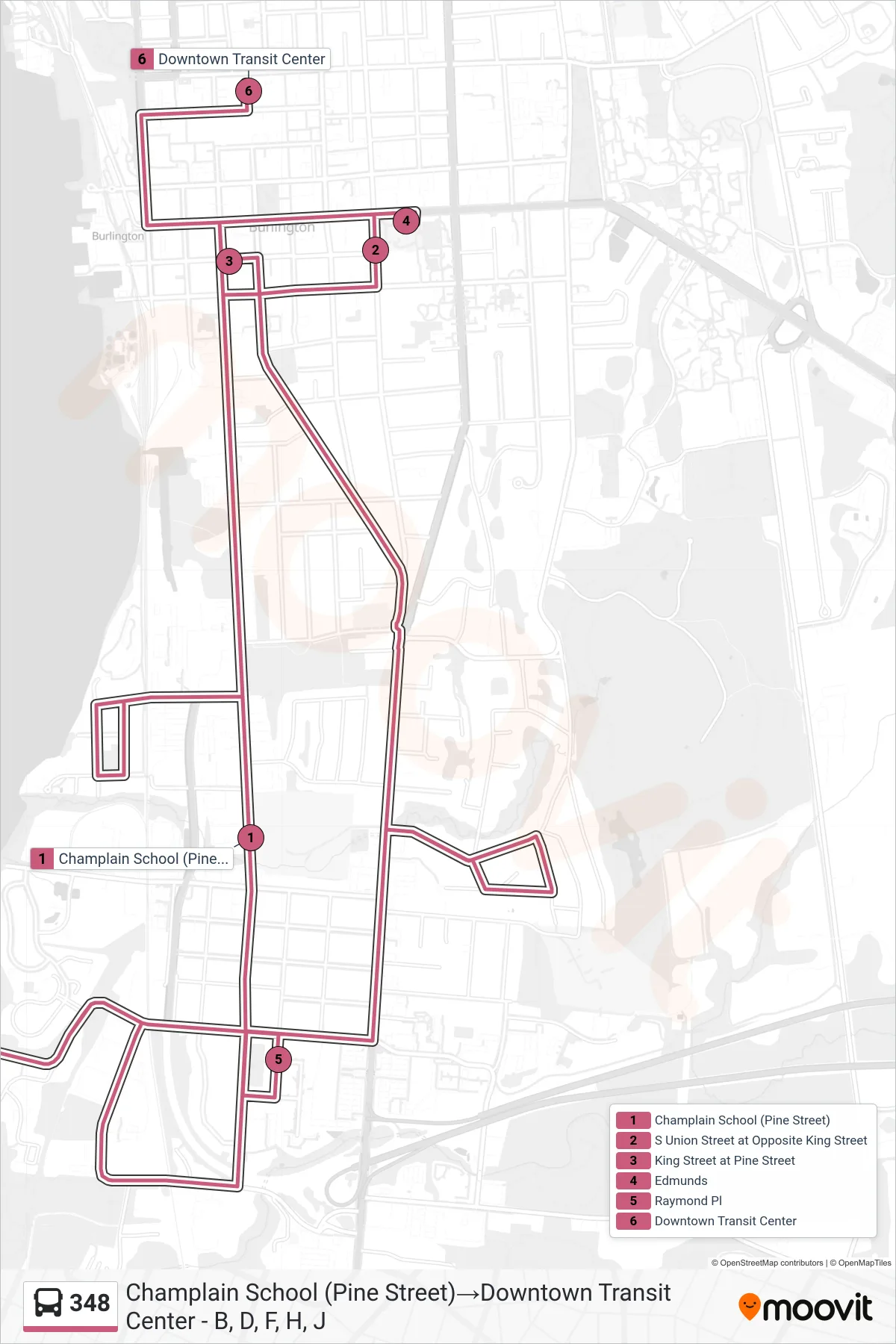 348 bus Line (Champlain School (Pine Street)→Downtown Transit Center - B, D, F, H, J) route and stops on a map