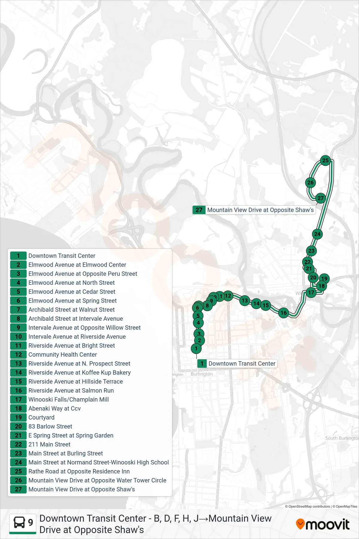 9 bus Line (Downtown Transit Center - B, D, F, H, J→Mountain View Drive at Opposite Shaw's) route and stops on a map