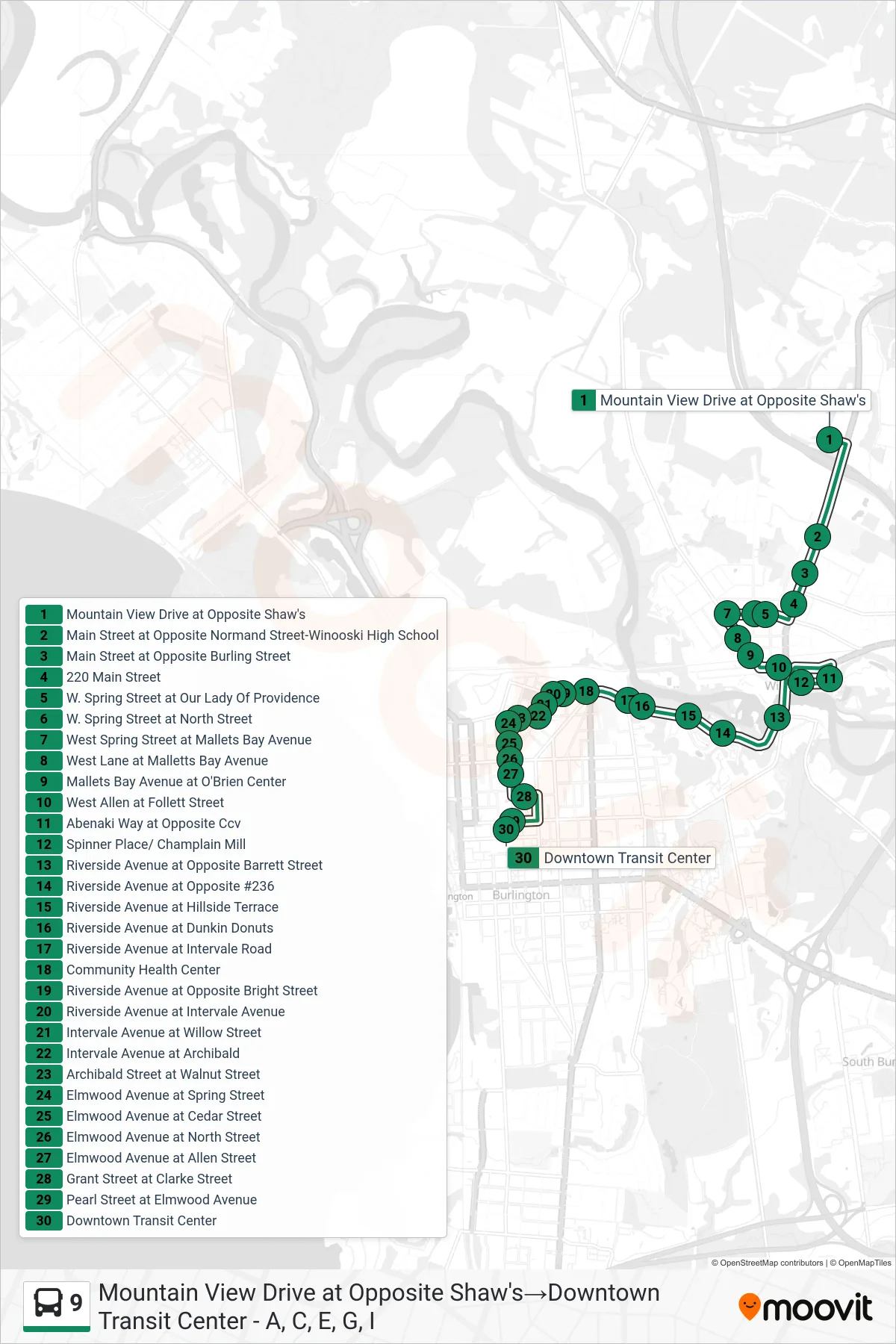 9 bus Line (Mountain View Drive at Opposite Shaw's→Downtown Transit Center - A, C, E, G, I) route and stops on a map