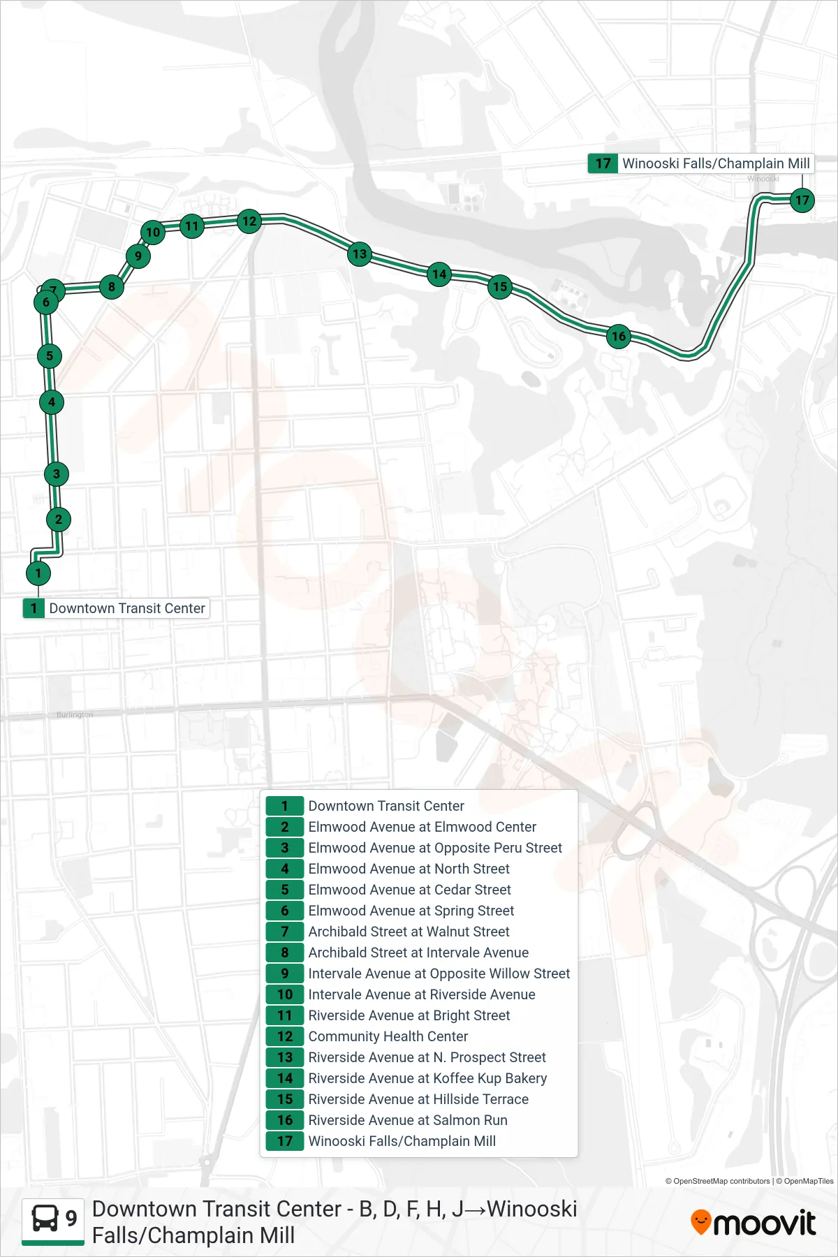 9 bus Line (Downtown Transit Center - B, D, F, H, J‎→Winooski Falls/Champlain Mill) route and stops on a map