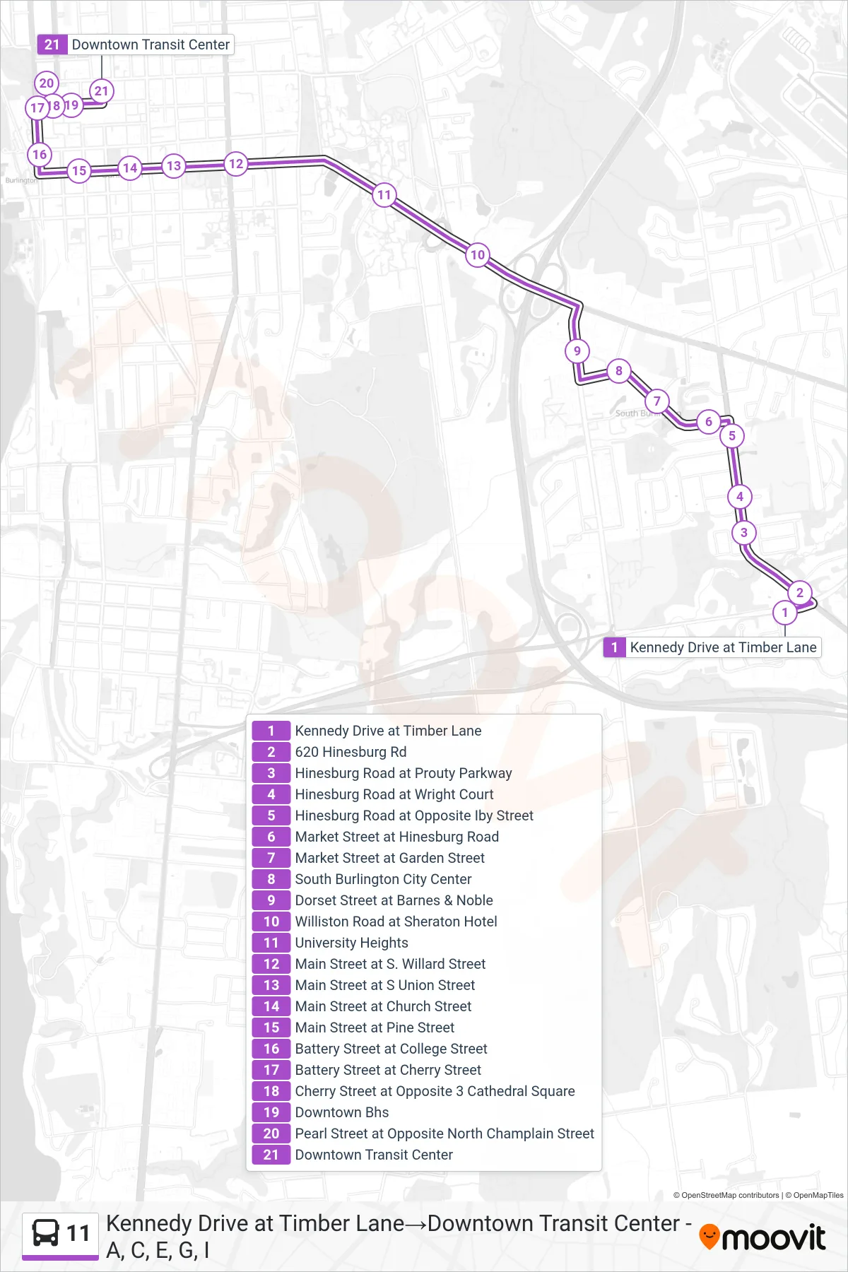 11 bus Line (Kennedy Drive at Timber Lane‎→Downtown Transit Center - A, C, E, G, I) route and stops on a map