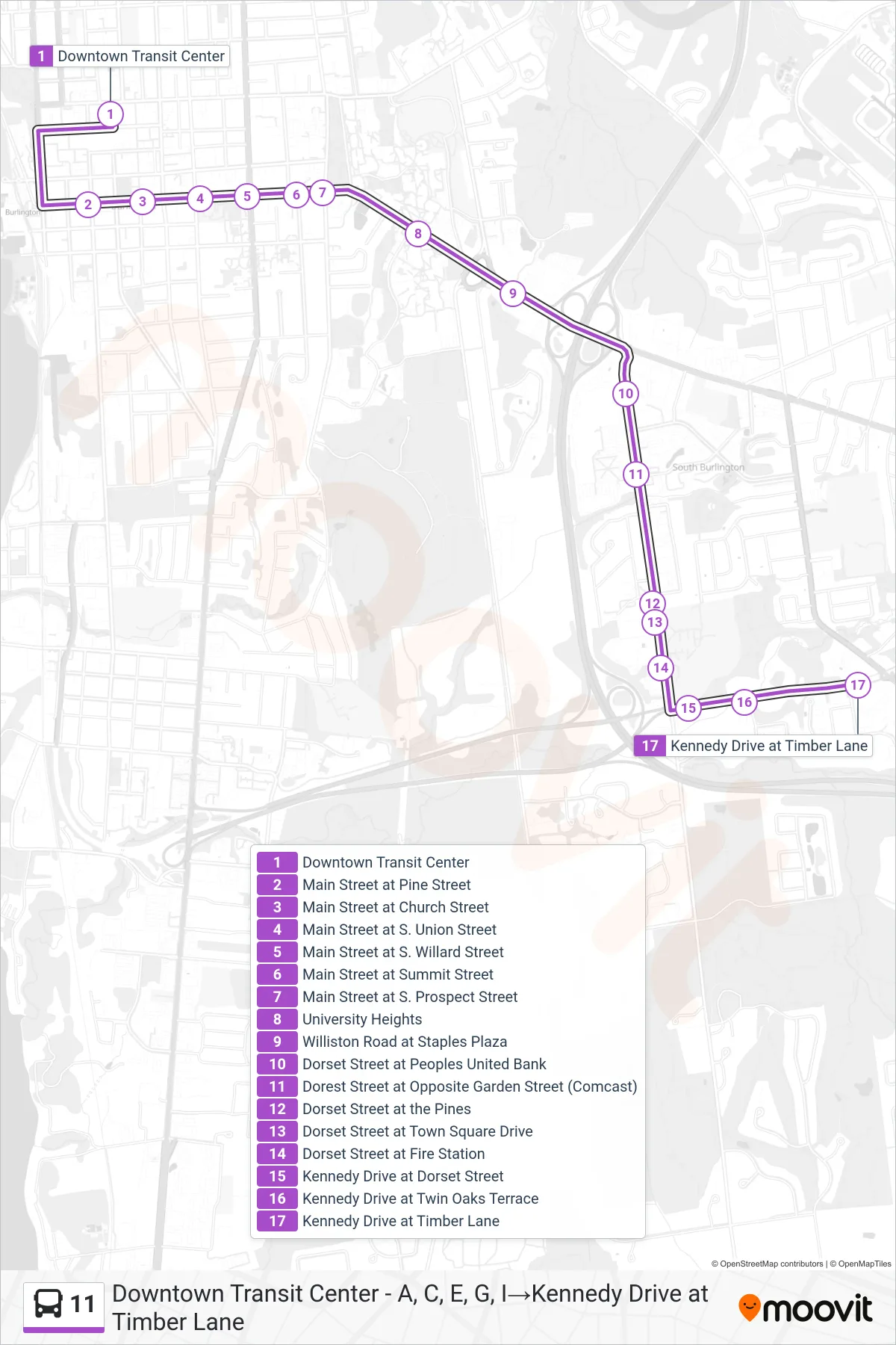 11 bus Line (Downtown Transit Center - A, C, E, G, I‎→Kennedy Drive at Timber Lane) route and stops on a map