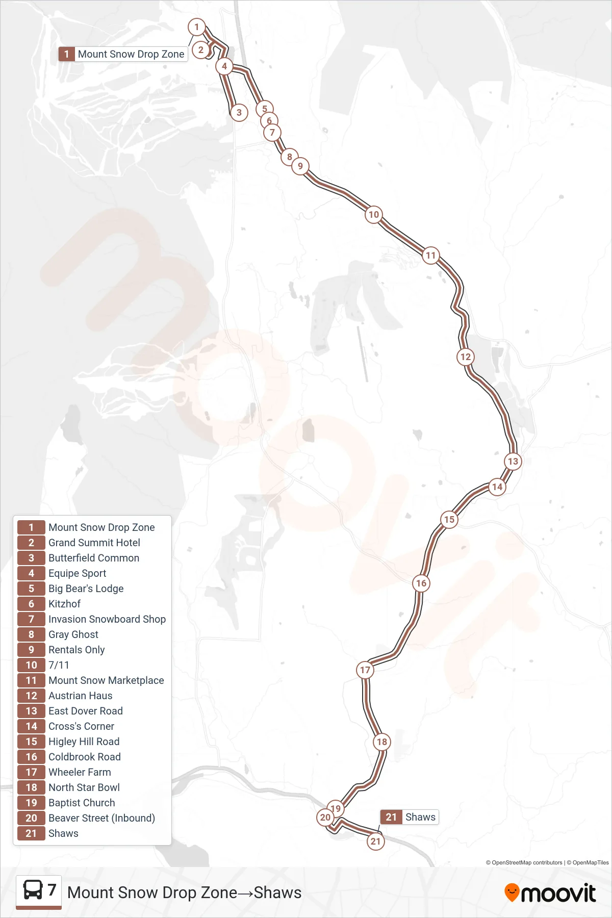 7 bus Line (Mount Snow Drop Zone→Shaws) route and stops on a map