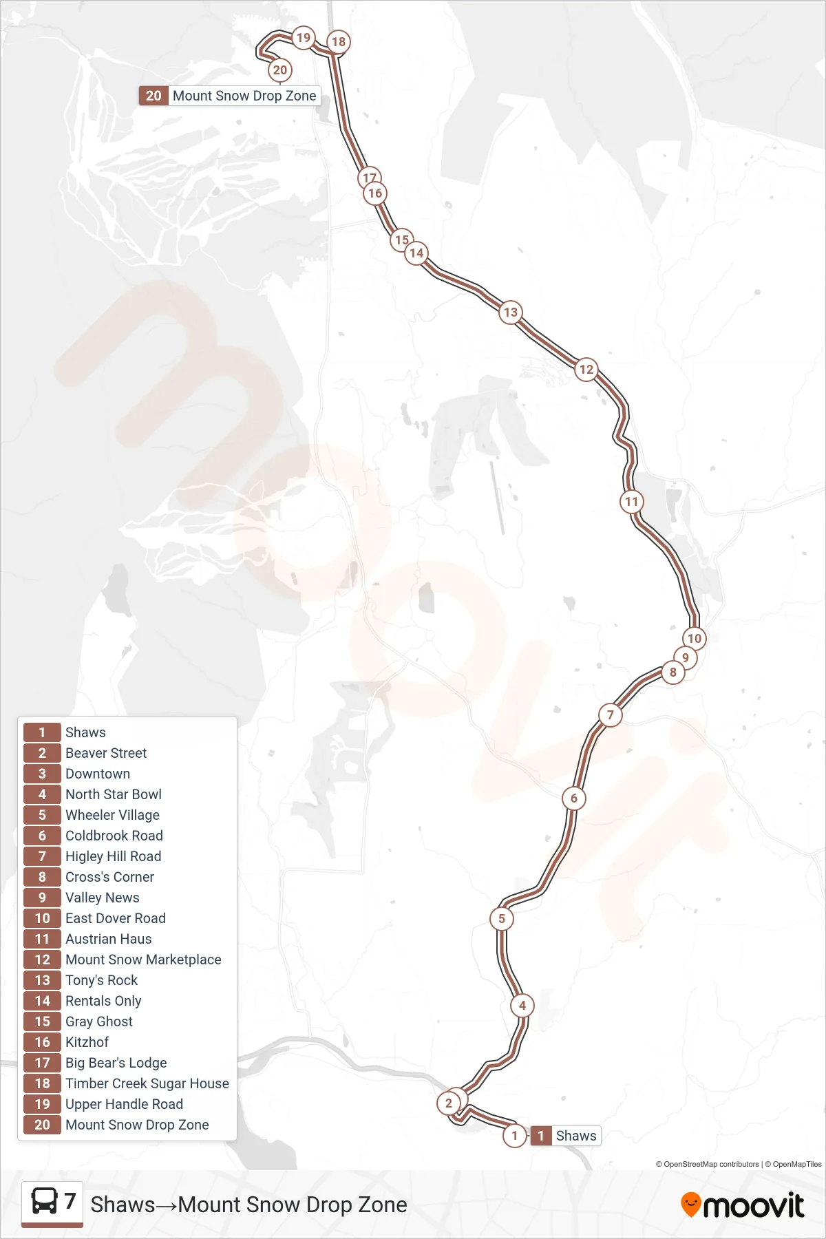 7 bus Line (Shaws‎→Mount Snow Drop Zone) route and stops on a map
