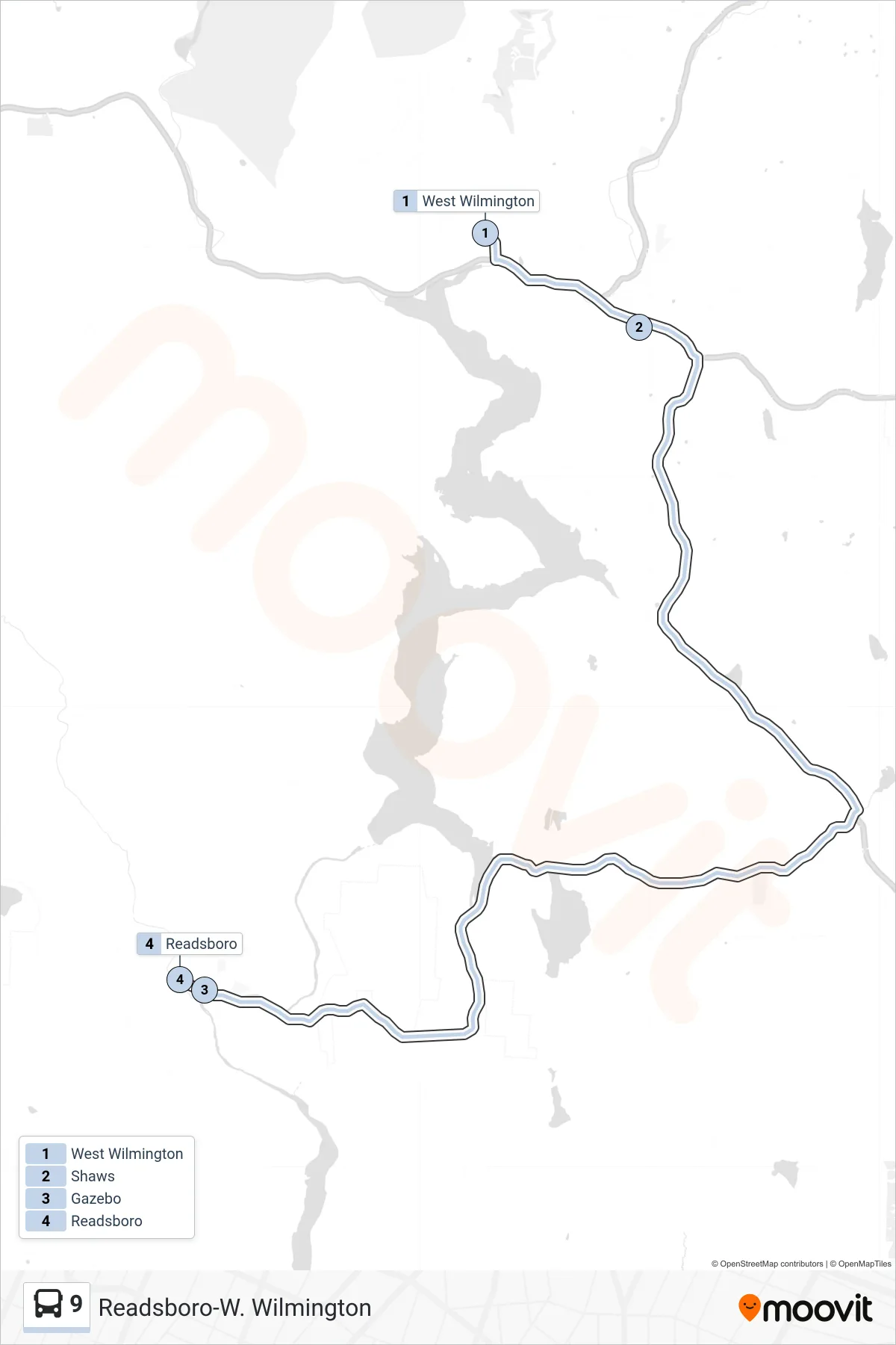 9 bus Line (West Wilmington→Readsboro) route and stops on a map