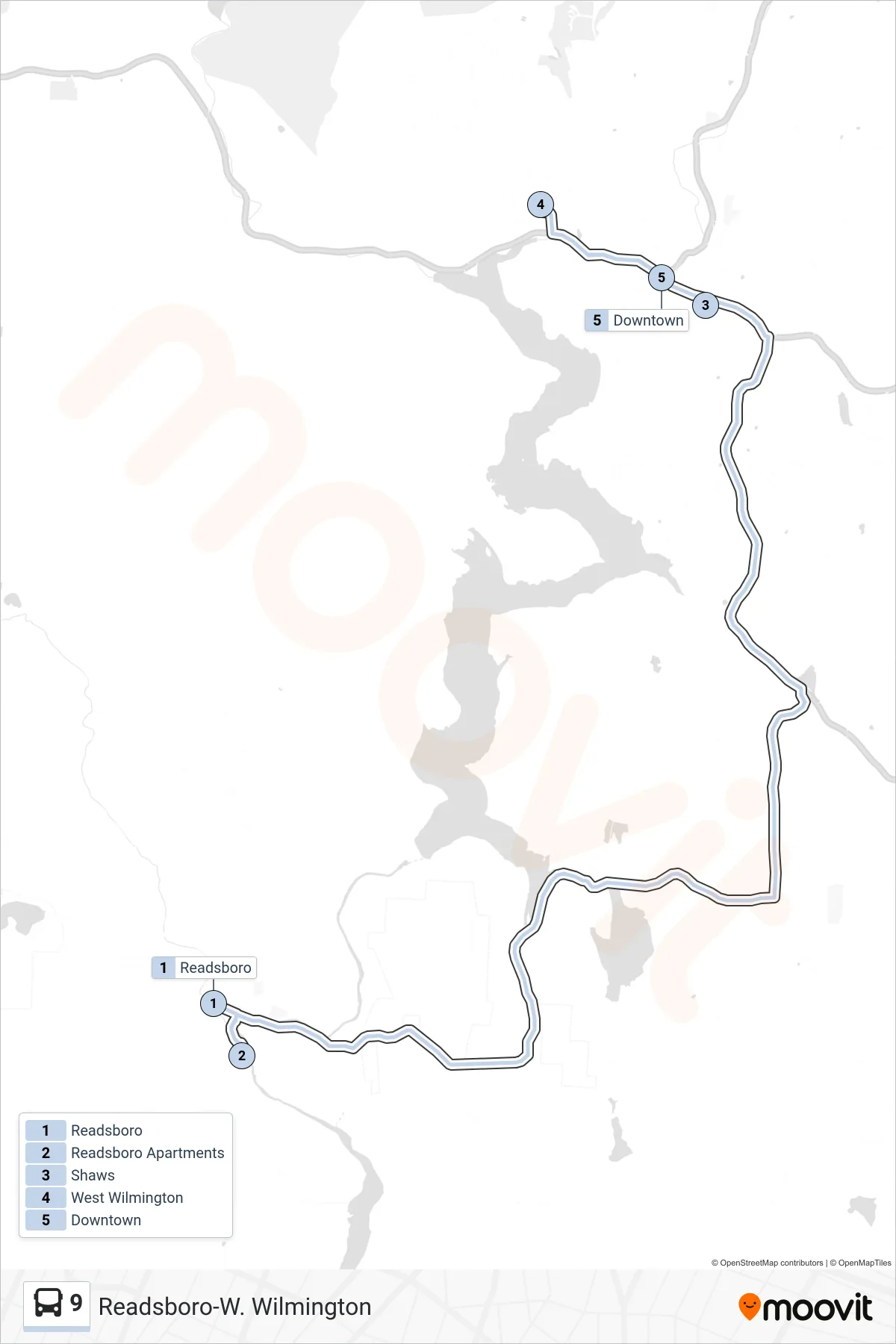 9 bus Line (Readsboro→Downtown) route and stops on a map