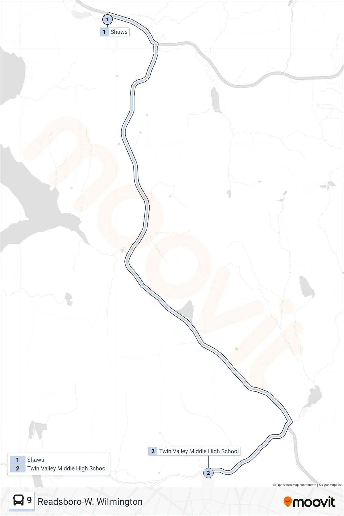 9 bus Line (Shaws→Twin Valley Middle High School) route and stops on a map