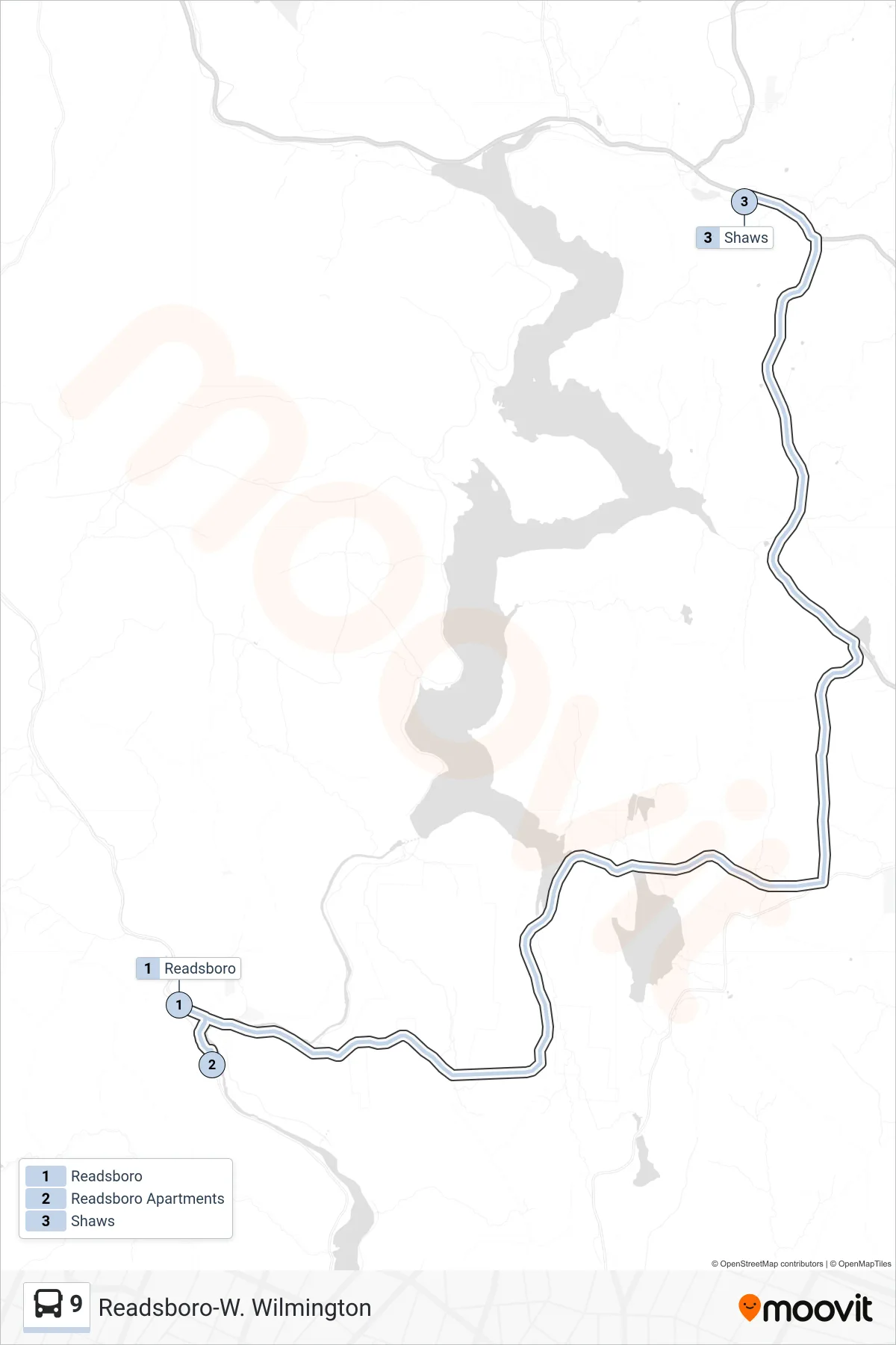 9 bus Line (Readsboro→Shaws) route and stops on a map