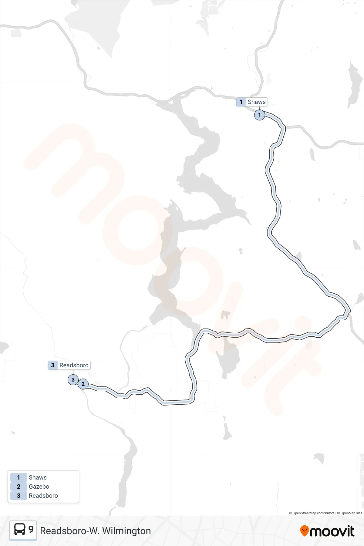9 bus Line (Shaws→Readsboro) route and stops on a map