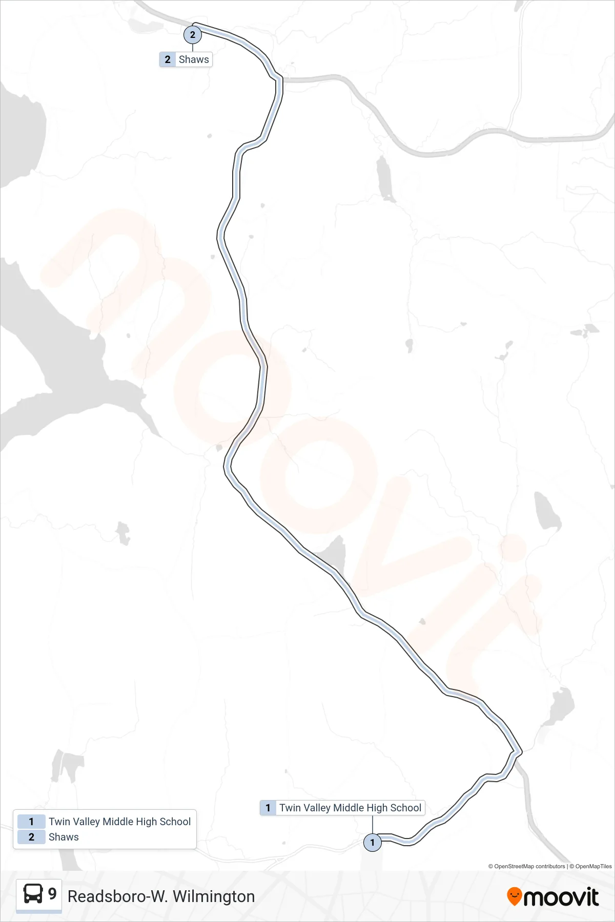 9 bus Line (Twin Valley Middle High School→Shaws) route and stops on a map