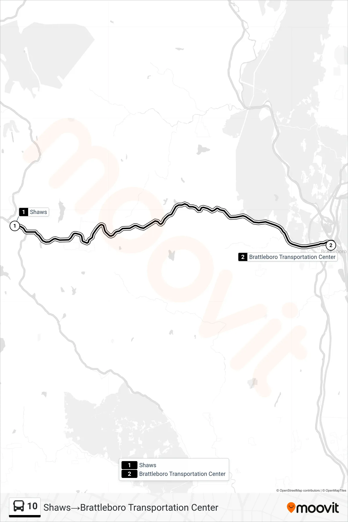 10 bus Line (Shaws→Brattleboro Transportation Center) route and stops on a map