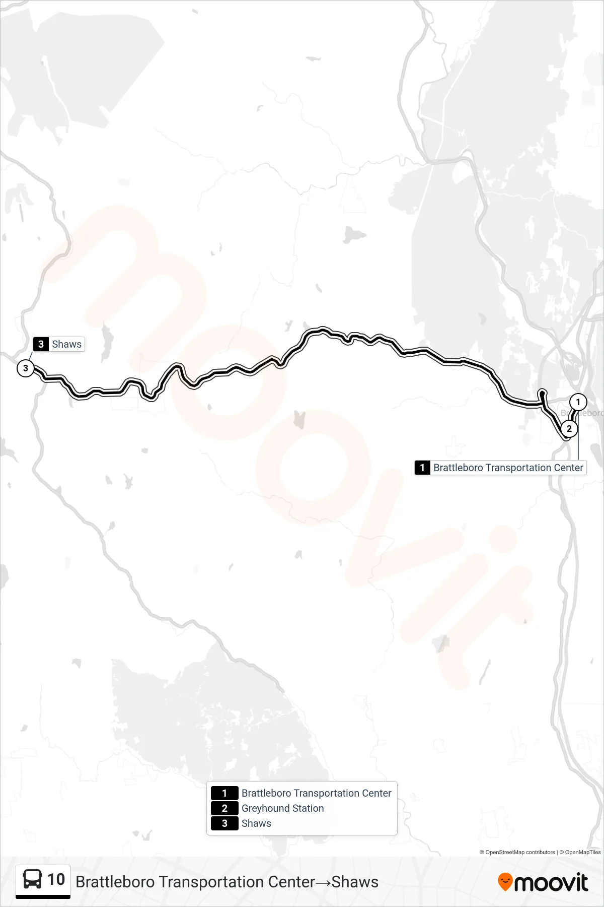 10 bus Line (Brattleboro Transportation Center→Shaws) route and stops on a map