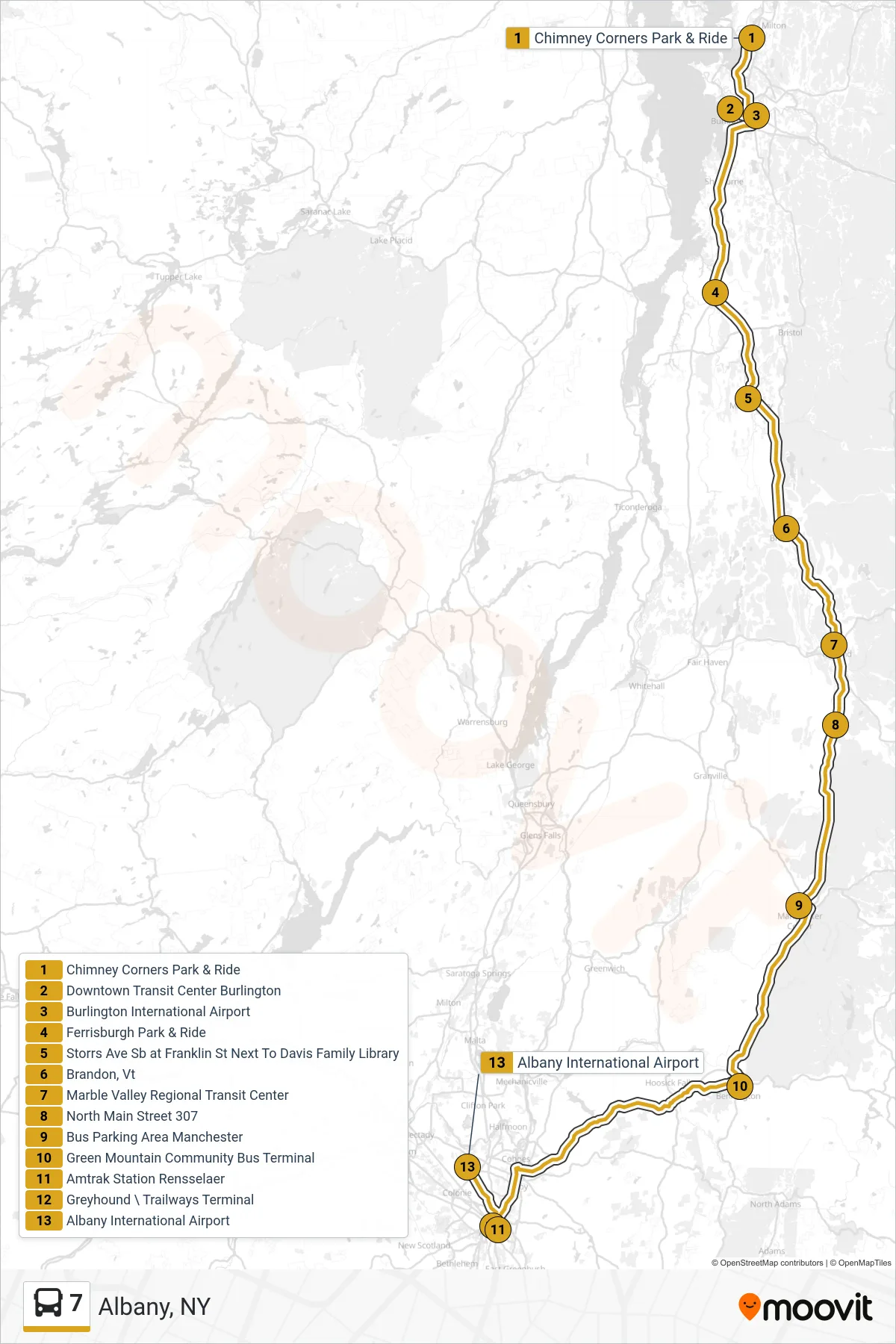 7 bus Line (Albany, NY) route and stops on a map