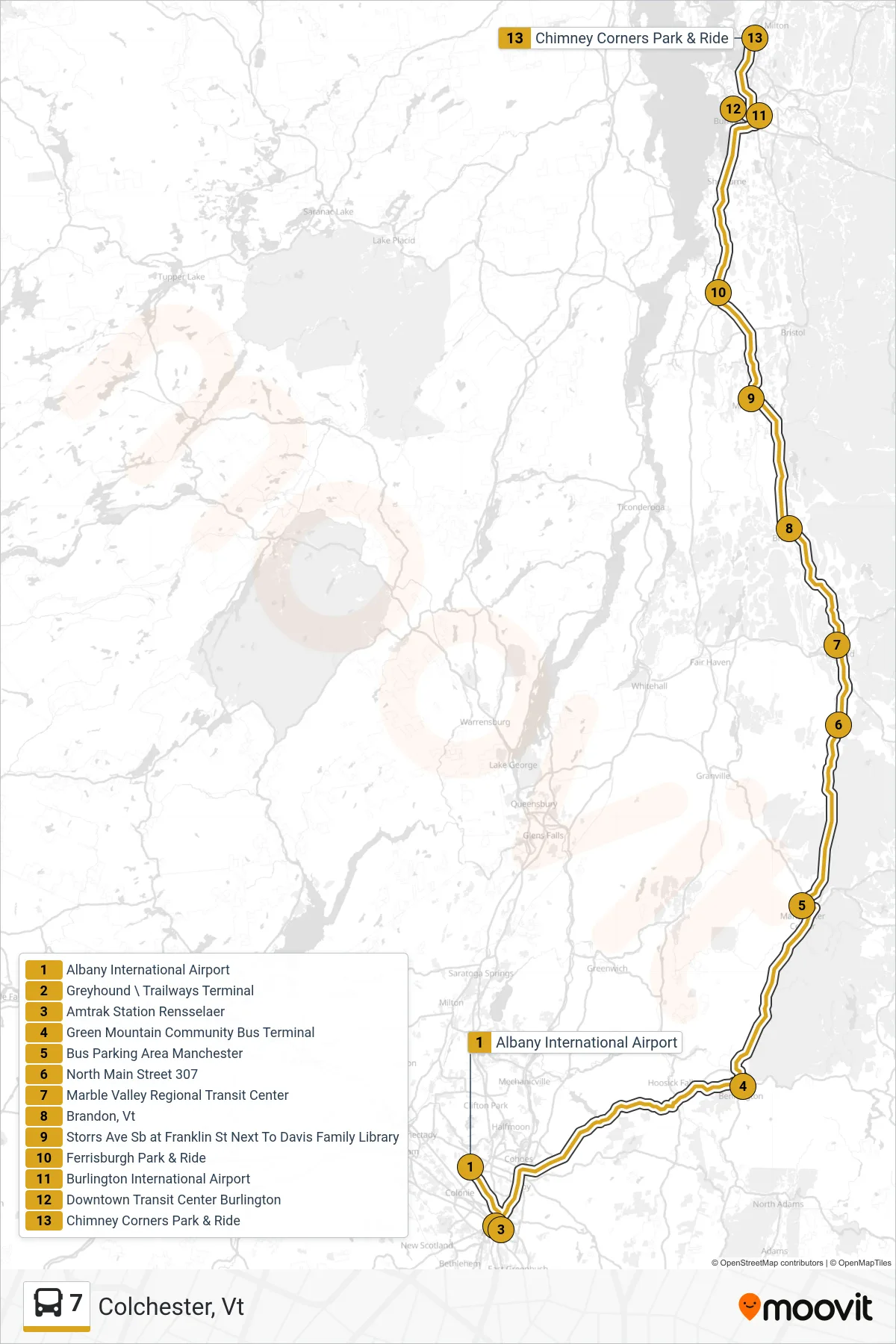 7 bus Line (Colchester, Vt) route and stops on a map