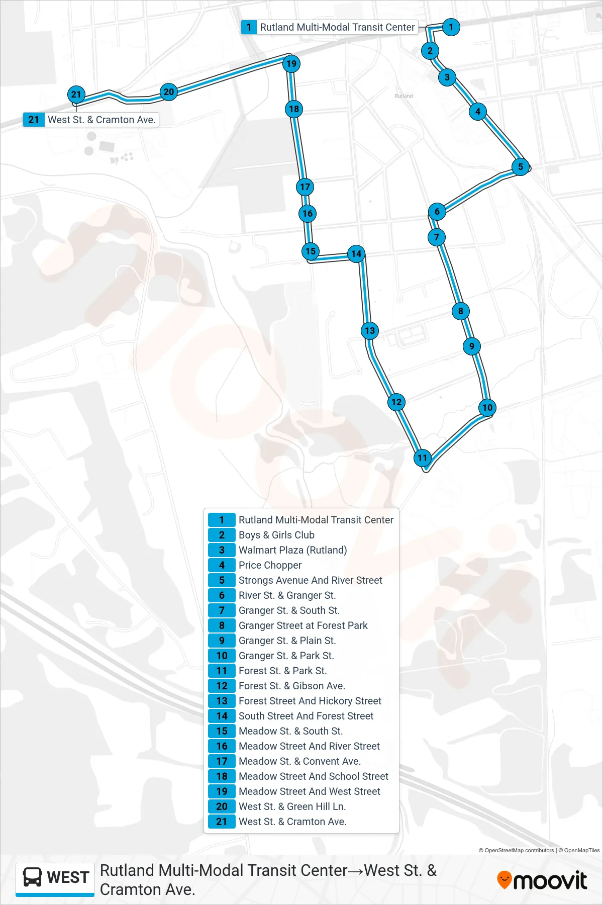 WEST bus Line (Rutland Multi-Modal Transit Center→West St. & Cramton Ave.) route and stops on a map