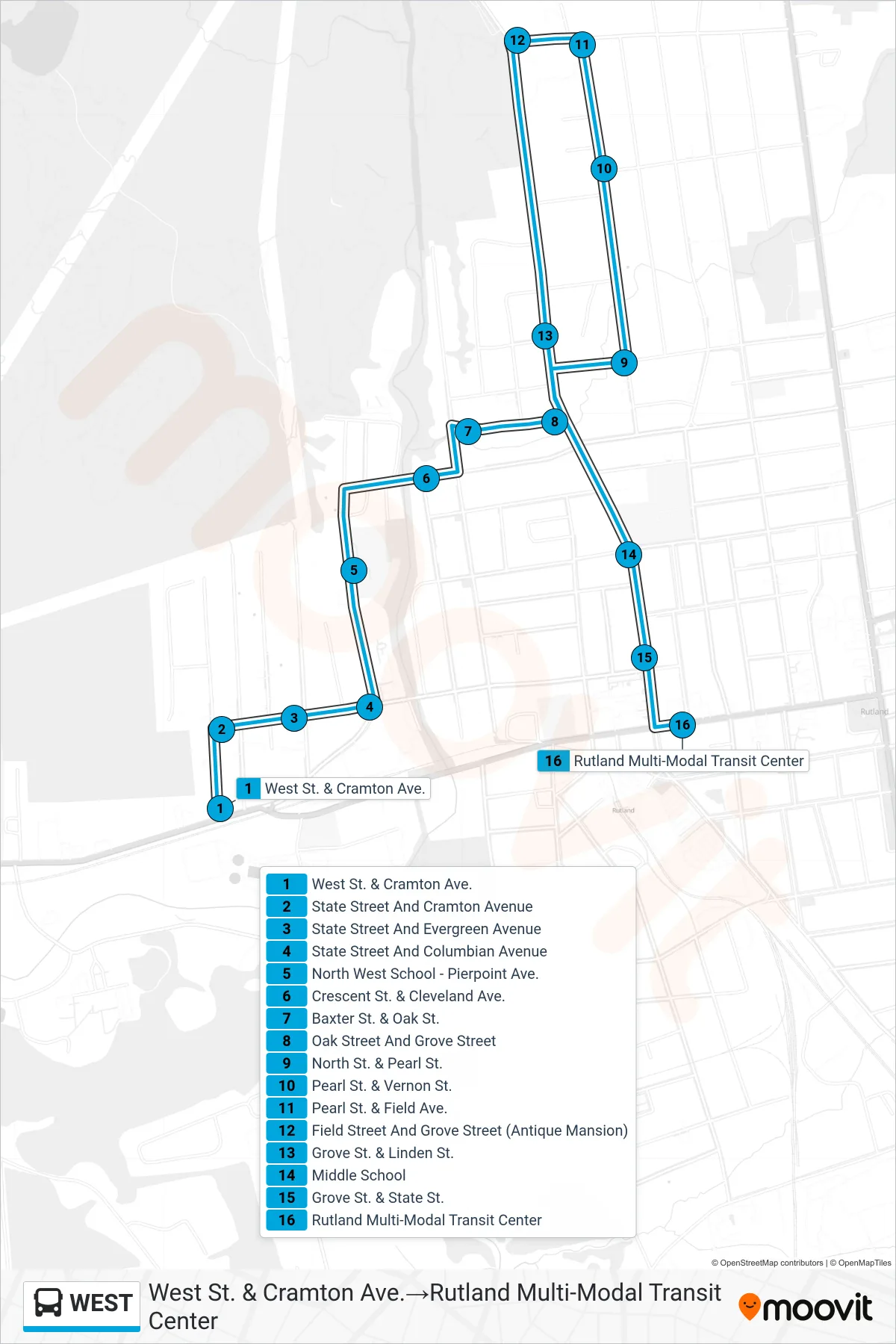 WEST bus Line (West St. & Cramton Ave.‎→Rutland Multi-Modal Transit Center) route and stops on a map